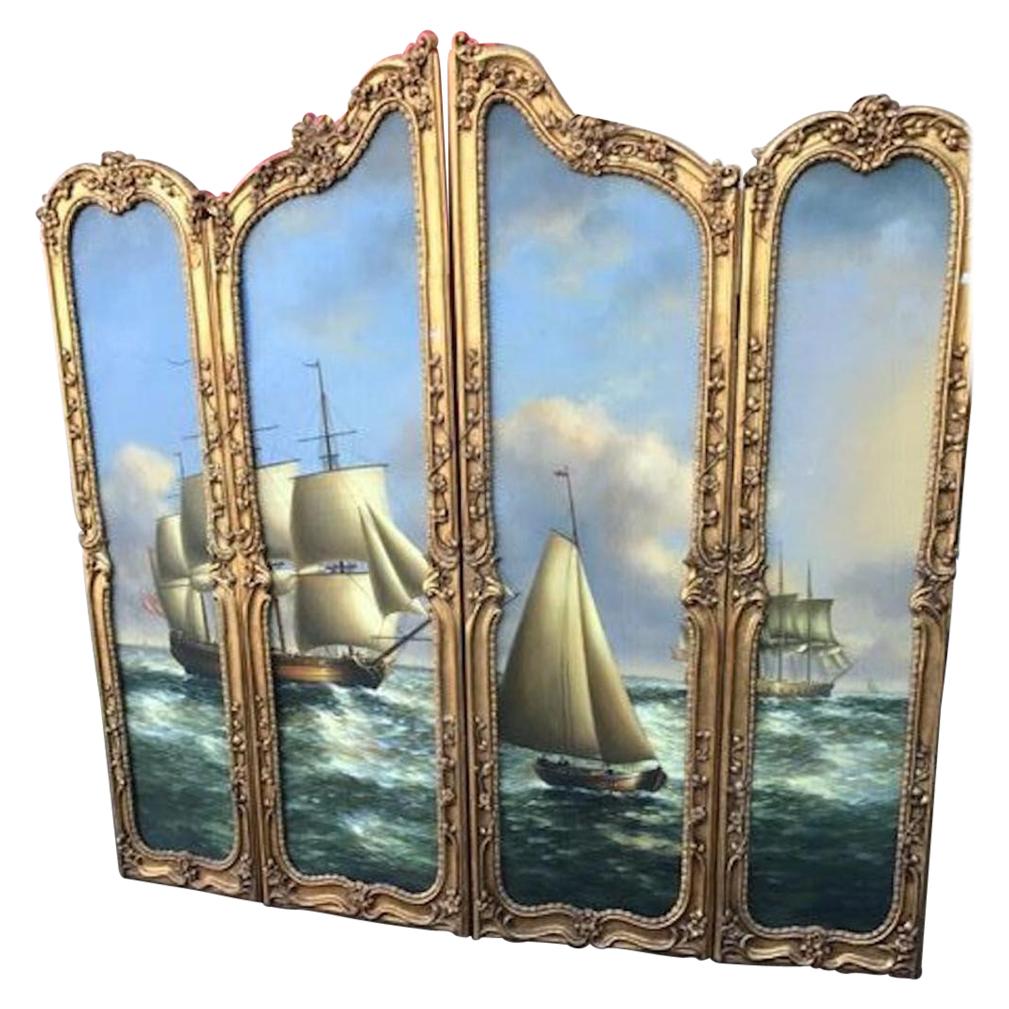 Large Beautiful Gilded French Four-Panel Screen Nautical Painting, 19th Century