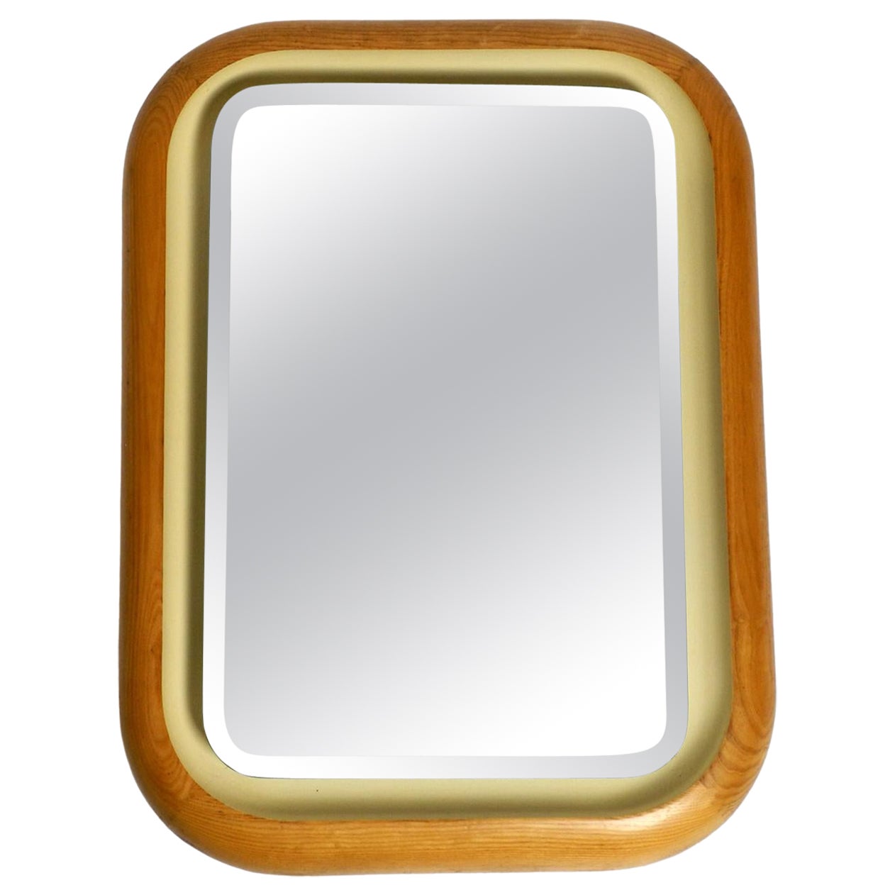 Large Beautiful Italian Minimalist 60s Oak Wood Backlit Illuminated Wall Mirror For Sale