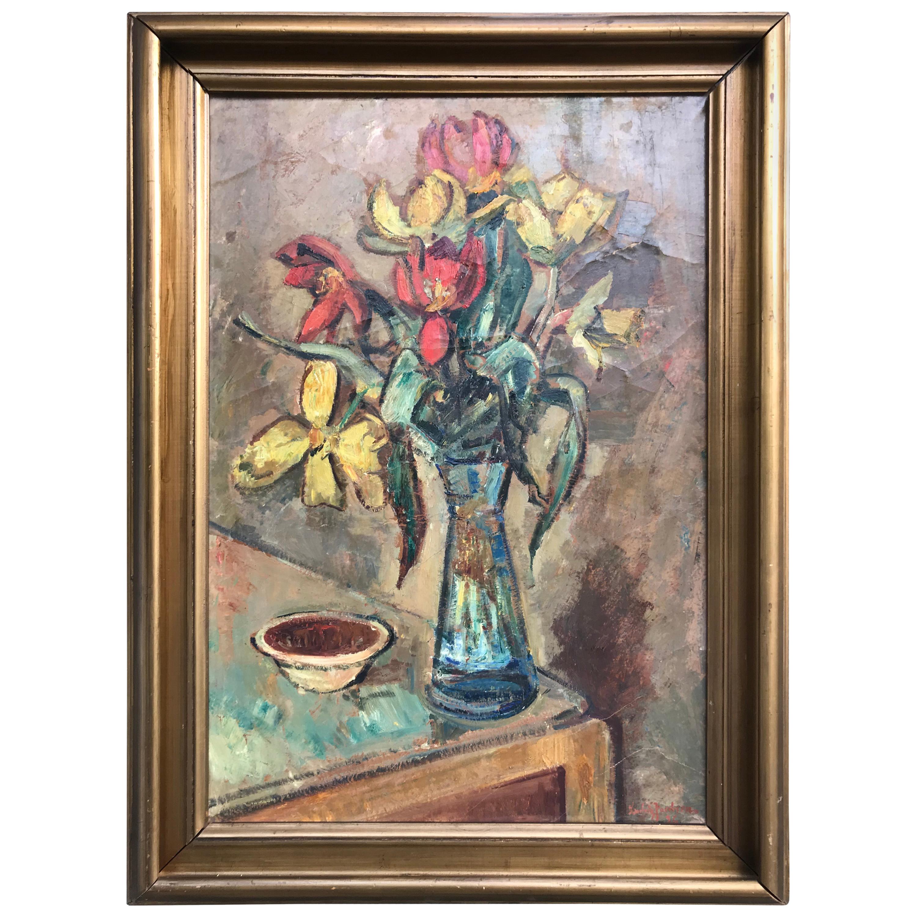 Large Beautiful Oil on Canvas of a Flower Setup from 1936 by Ludvig Jacobsen For Sale