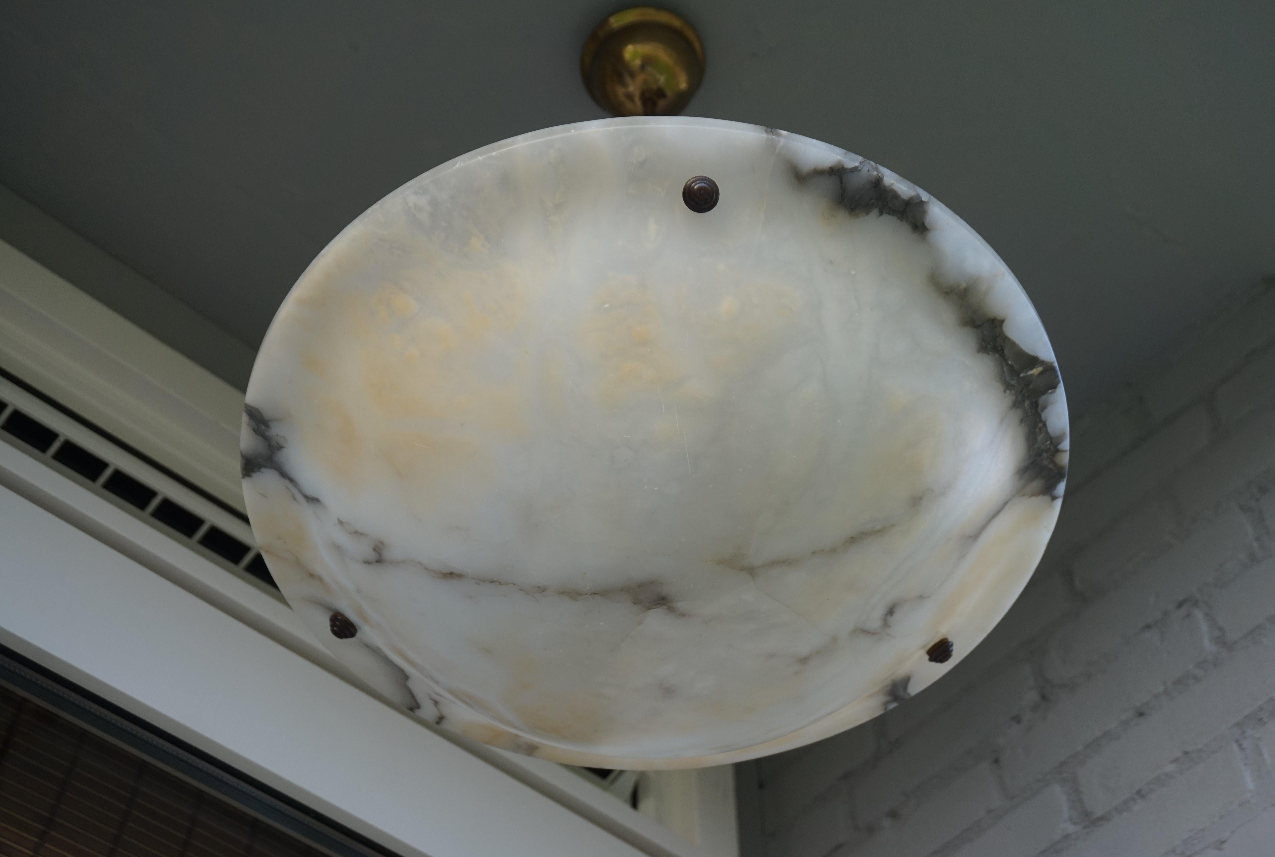 Large & Beautiful Shape Antique Alabaster Pendant Light w. Brass Chains & Canopy 6
