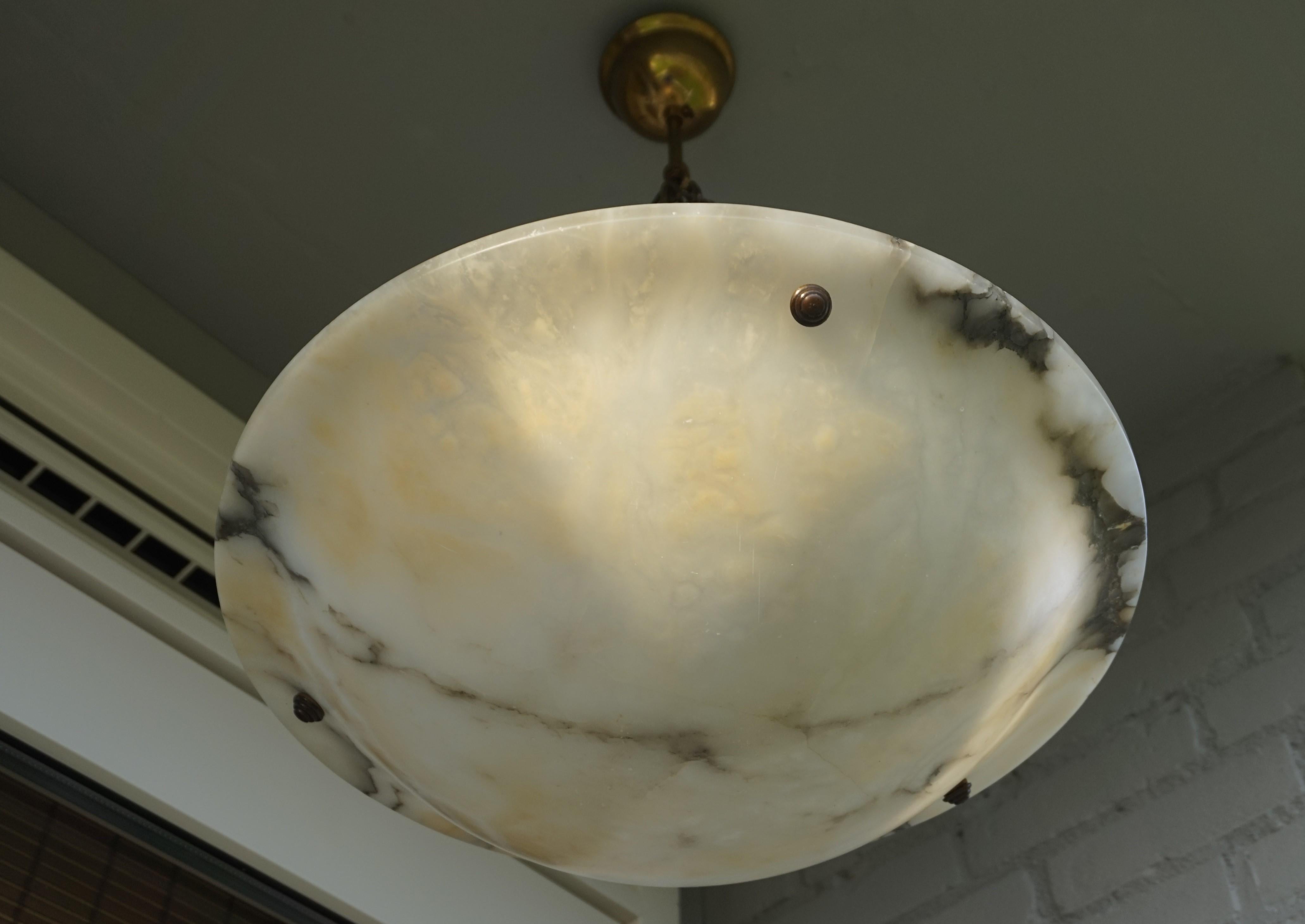 Arts and Crafts Large & Beautiful Shape Antique Alabaster Pendant Light w. Brass Chains & Canopy