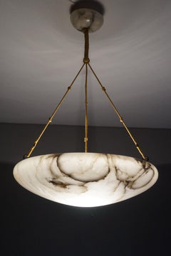 Antique and Large White & Black Alabaster Pendant with Rope and Alabaster Canopy