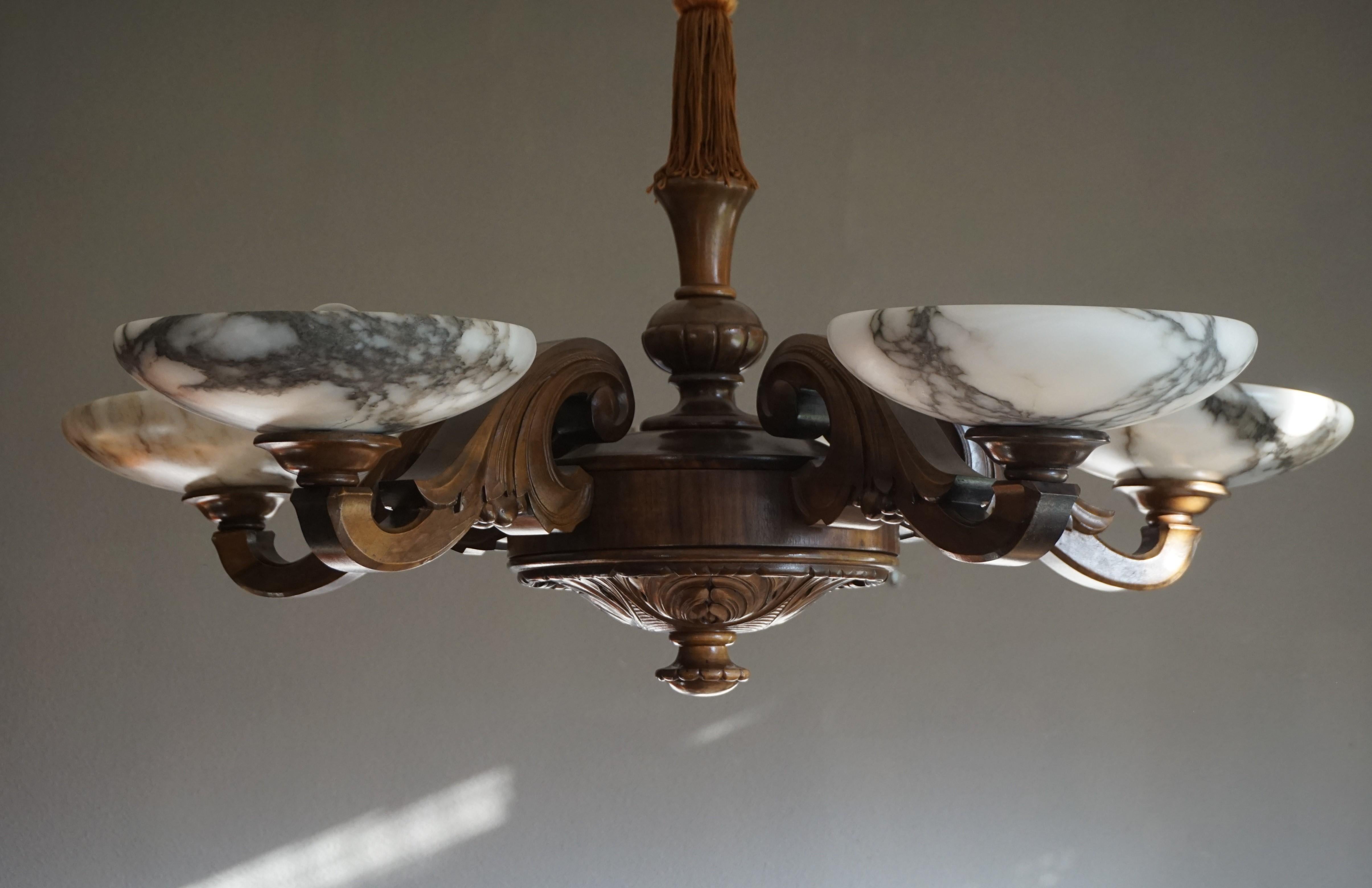 European Large & Beautifully Hand Carved Wooden Chandelier with Striking Alabaster Shades