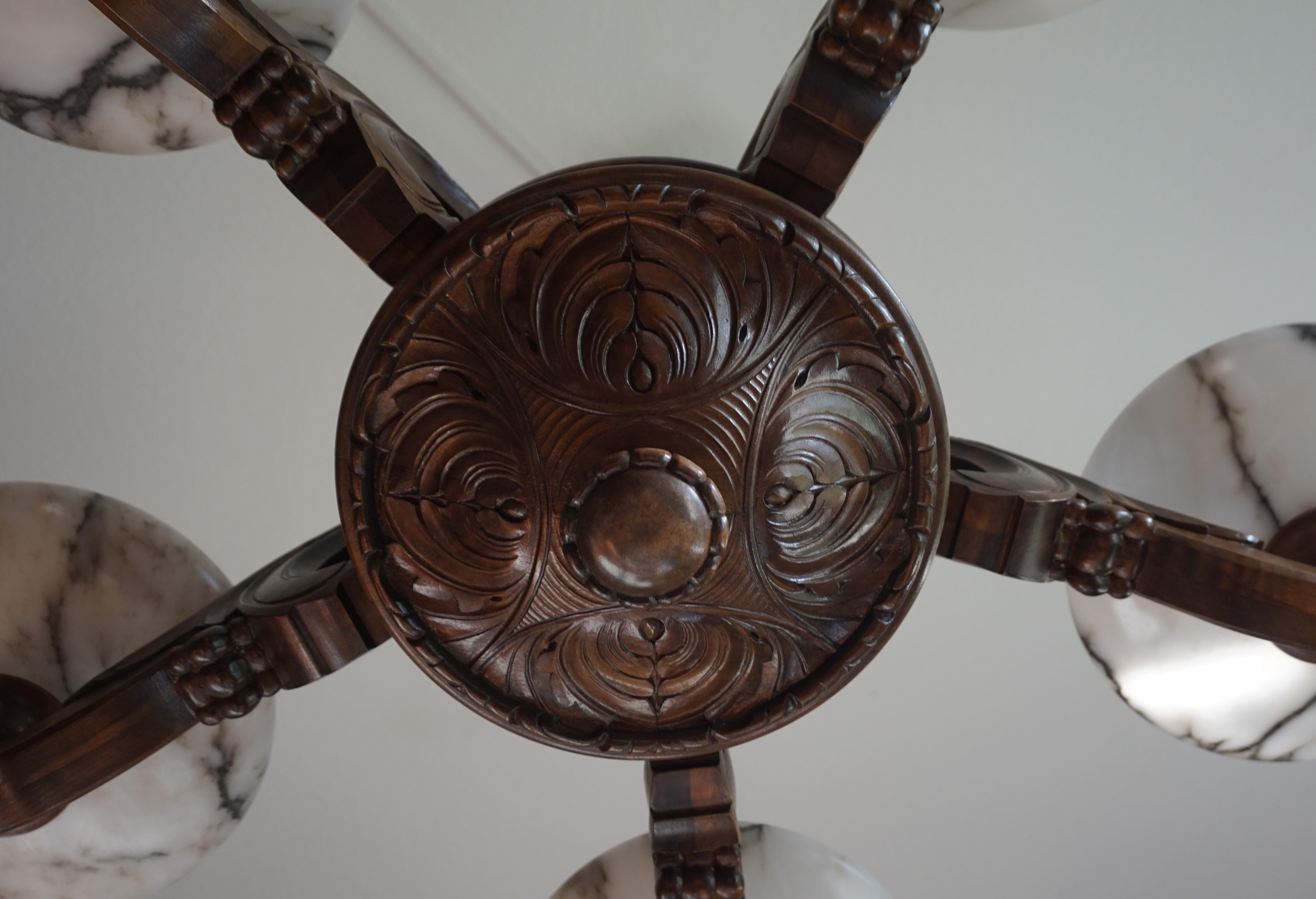 Hand-Carved Large & Beautifully Hand Carved Wooden Chandelier with Striking Alabaster Shades