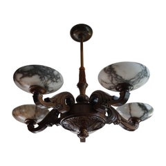 Large & Beautifully Hand Carved Wooden Chandelier with Striking Alabaster Shades