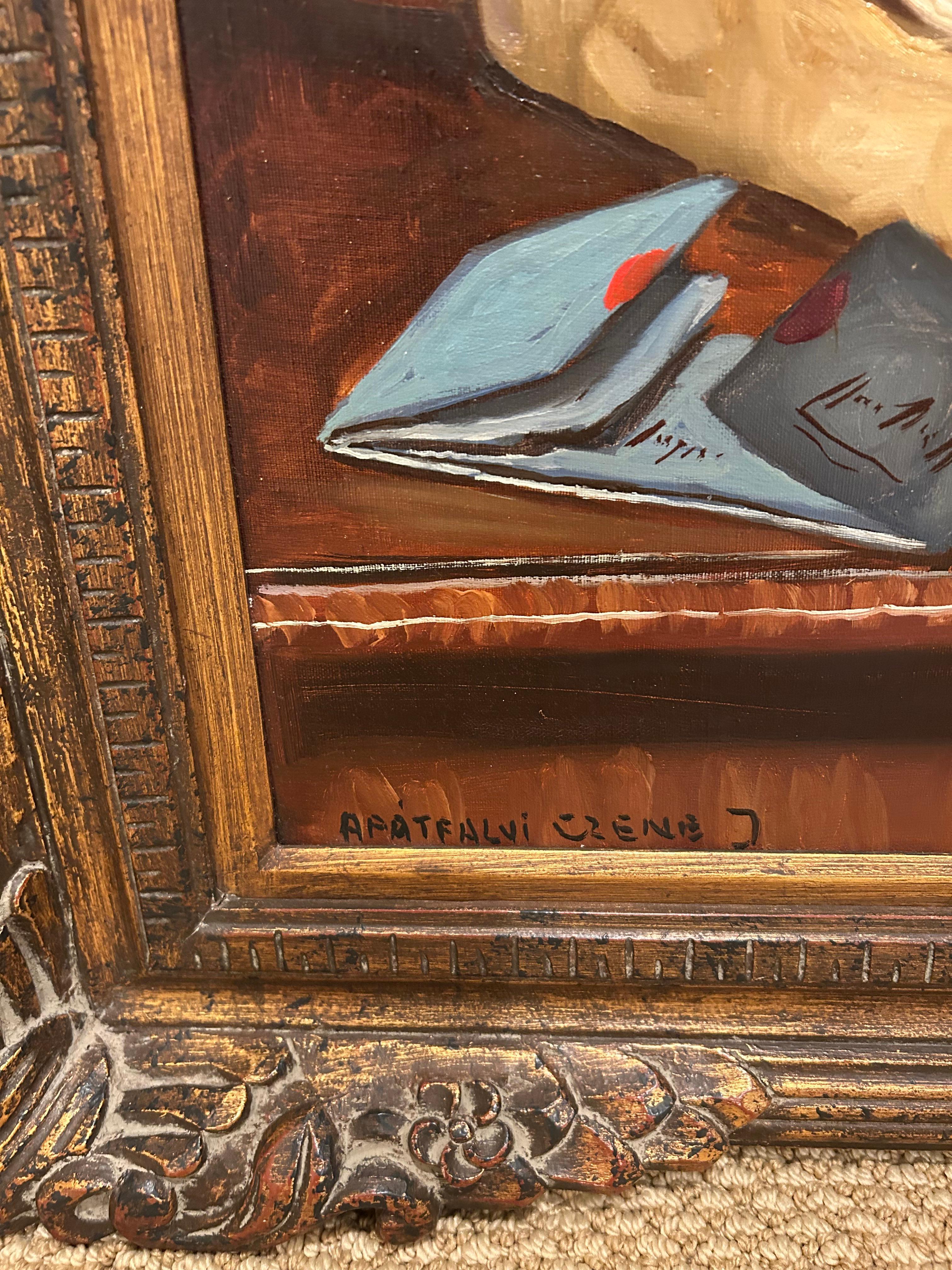 Large Beautifully Rendered Still Life of Books and Violin by Hungarian Painter For Sale 5