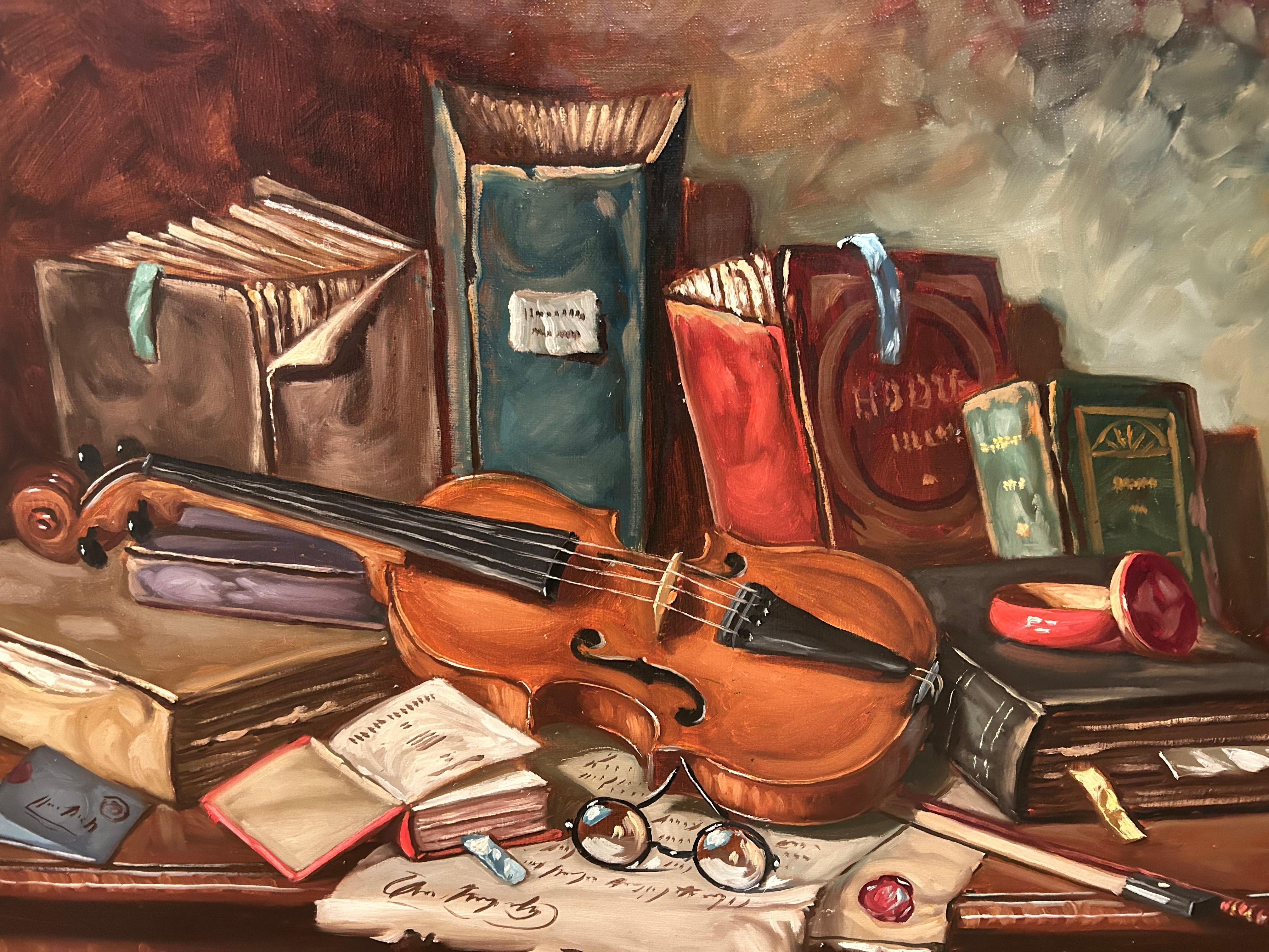 Beautifully rendered large still life of violin and books on a desk in warm light, with painterly effect.  Signed Czene Apatfalvi.

János Apátfalvi Czene (1904-1984)

Canvas 24 x 36
Ornate giltwood frame with a bronzey finish.