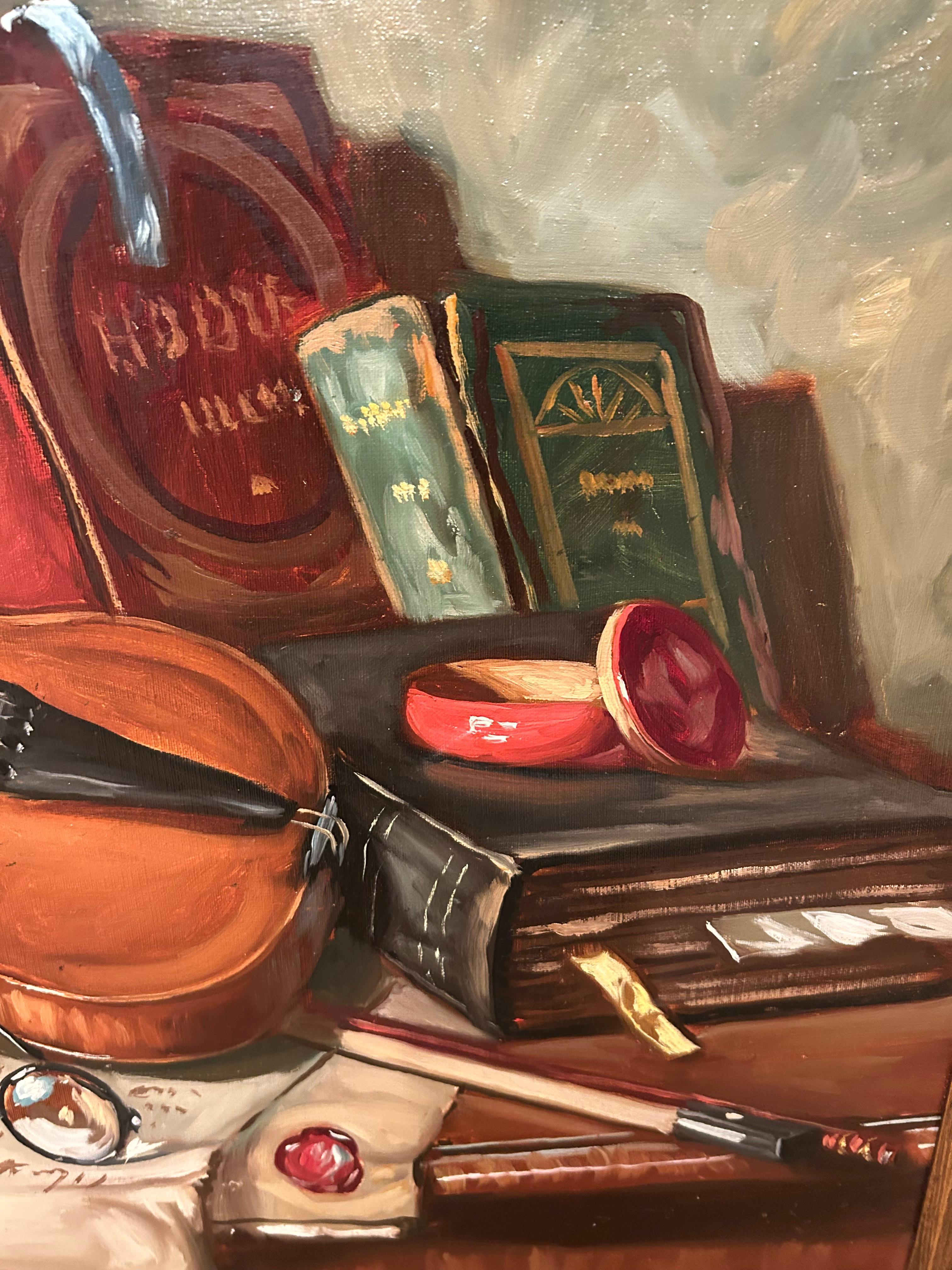 Large Beautifully Rendered Still Life of Books and Violin by Hungarian Painter In Good Condition For Sale In Hopewell, NJ