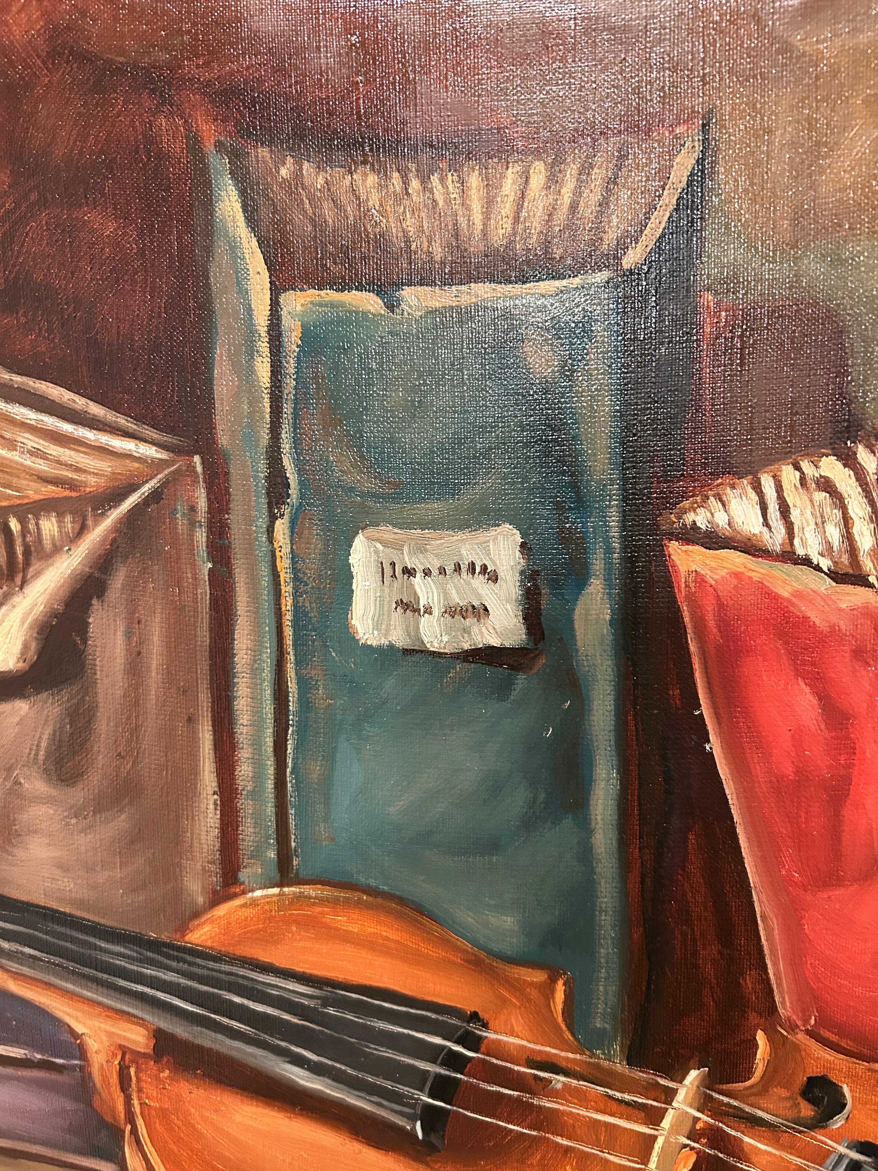 Late 20th Century Large Beautifully Rendered Still Life of Books and Violin by Hungarian Painter For Sale
