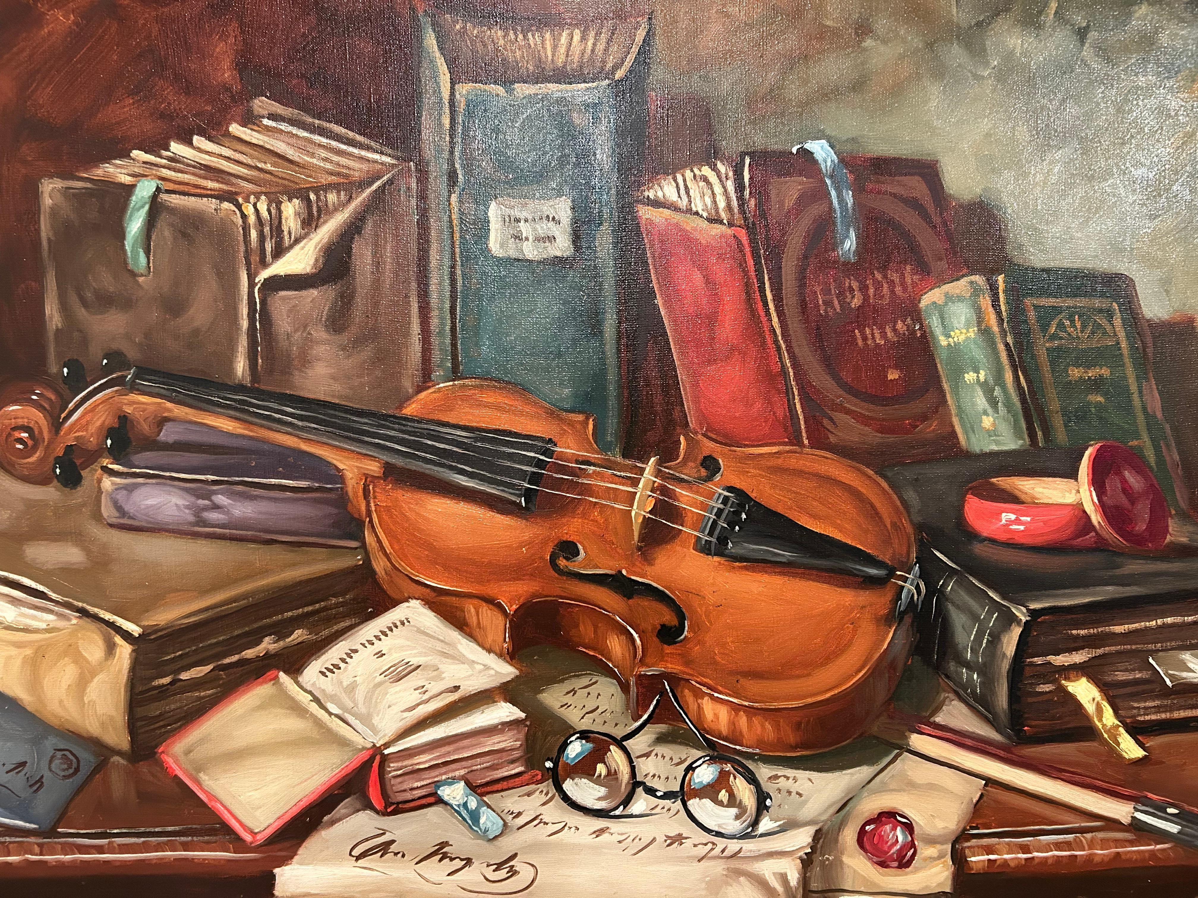 Large Beautifully Rendered Still Life of Books and Violin by Hungarian Painter For Sale 1