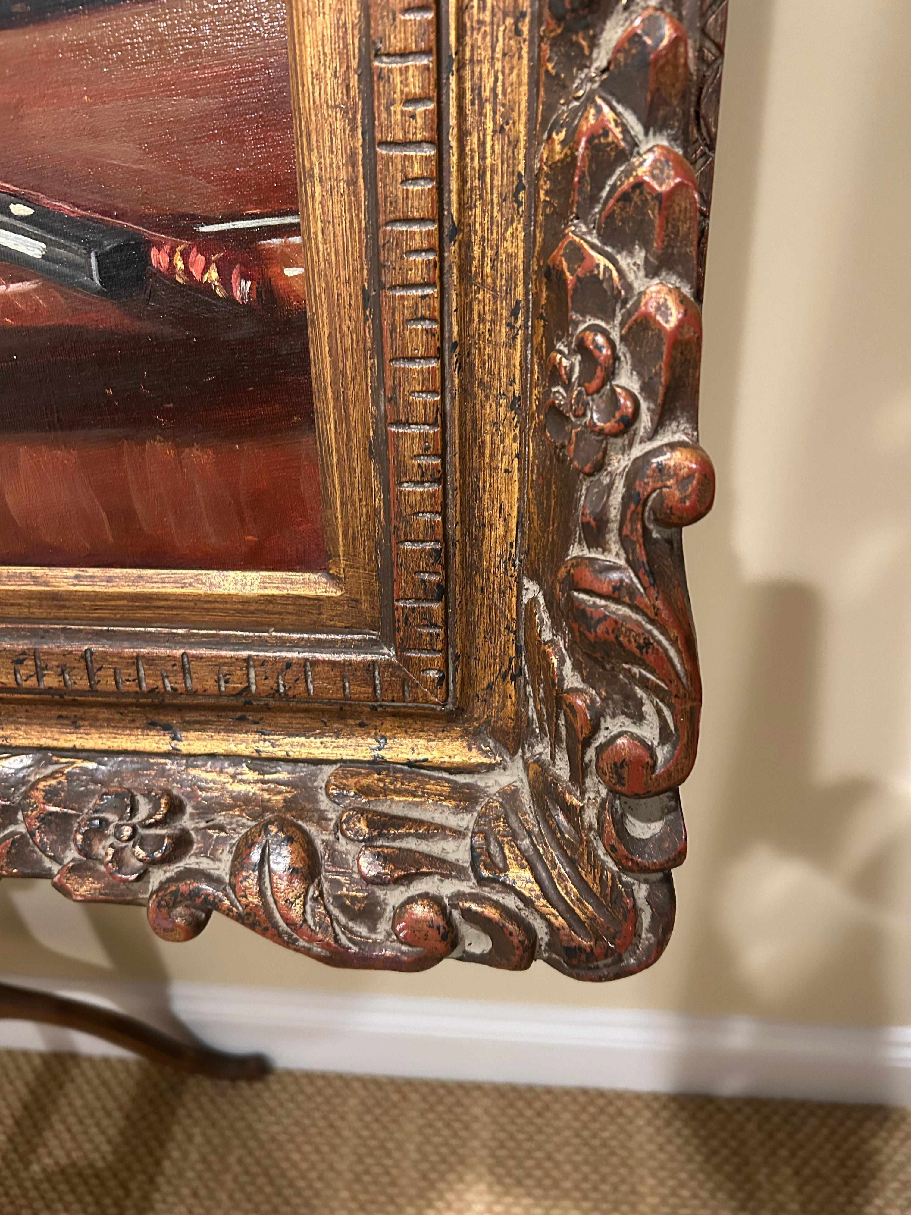 Large Beautifully Rendered Still Life of Books and Violin by Hungarian Painter For Sale 3