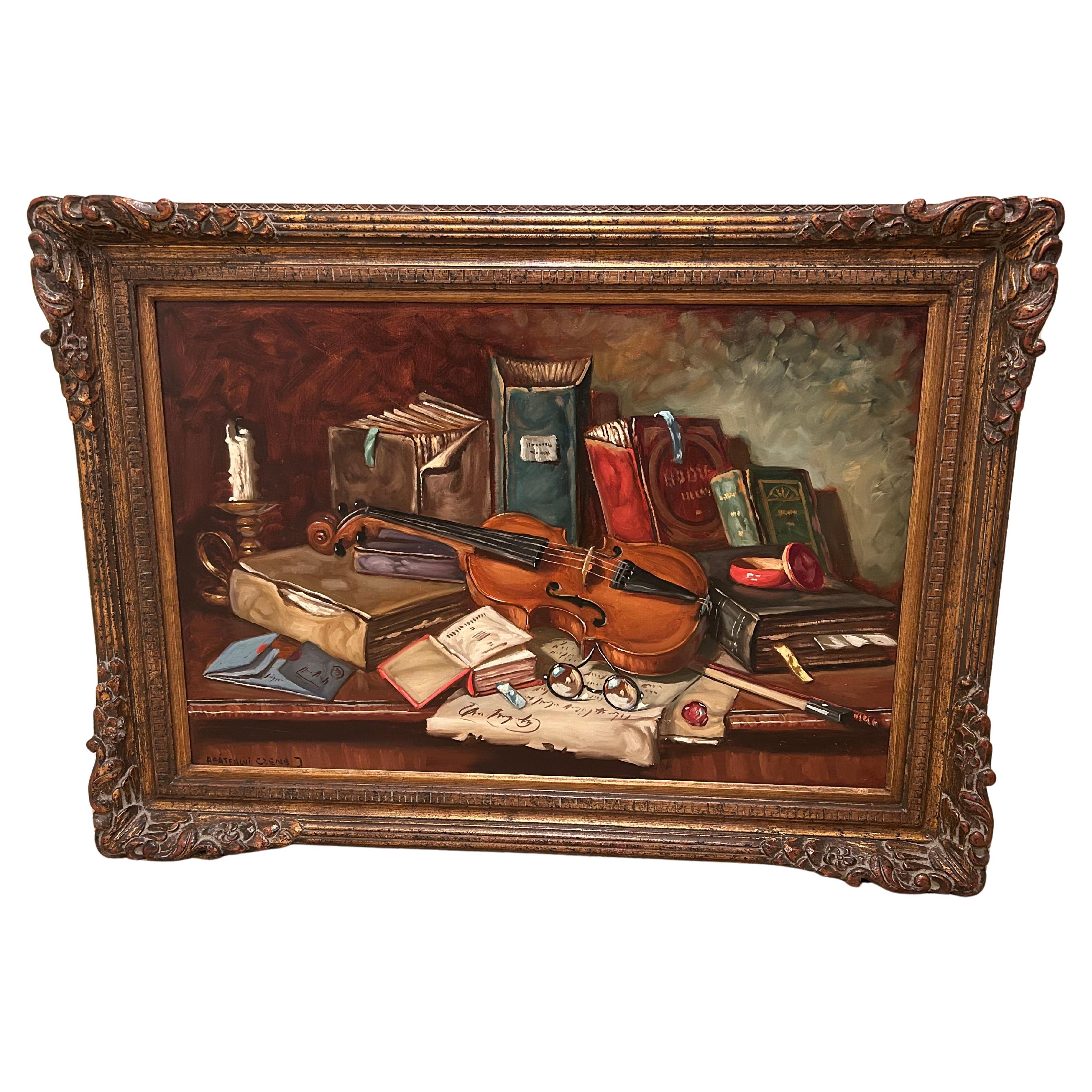 Large Beautifully Rendered Still Life of Books and Violin by Hungarian Painter