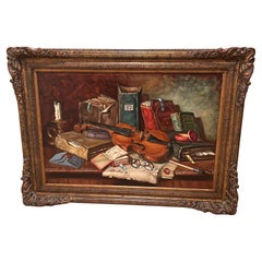 Gran bodegón de libros y violín bellamente representado por un pintor húngaro