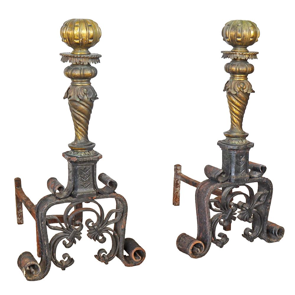 These substantial and elegant andirons are replete with a wealth of decorative accents. Acanthus leaves and wrought iron fleur de lis create an elegant silhouette to frame a crackling fire.