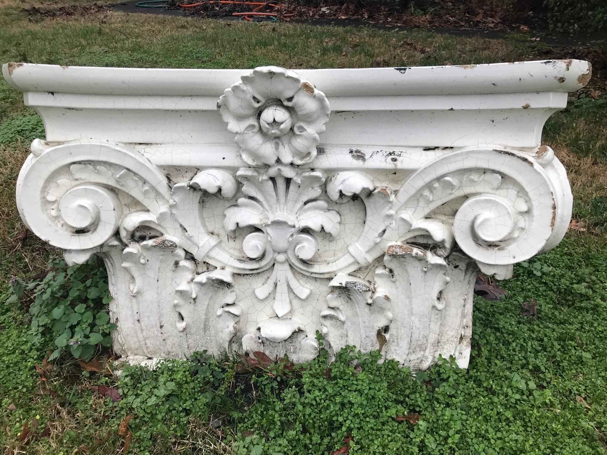 Highly decorative and survives outdoor elements .Obvious wear with chips, nicks, dings and losses throughout. Outdoor architectural element, off building. Fired terracotta.

Stable condition with over century of wear and weathering. Distressed as