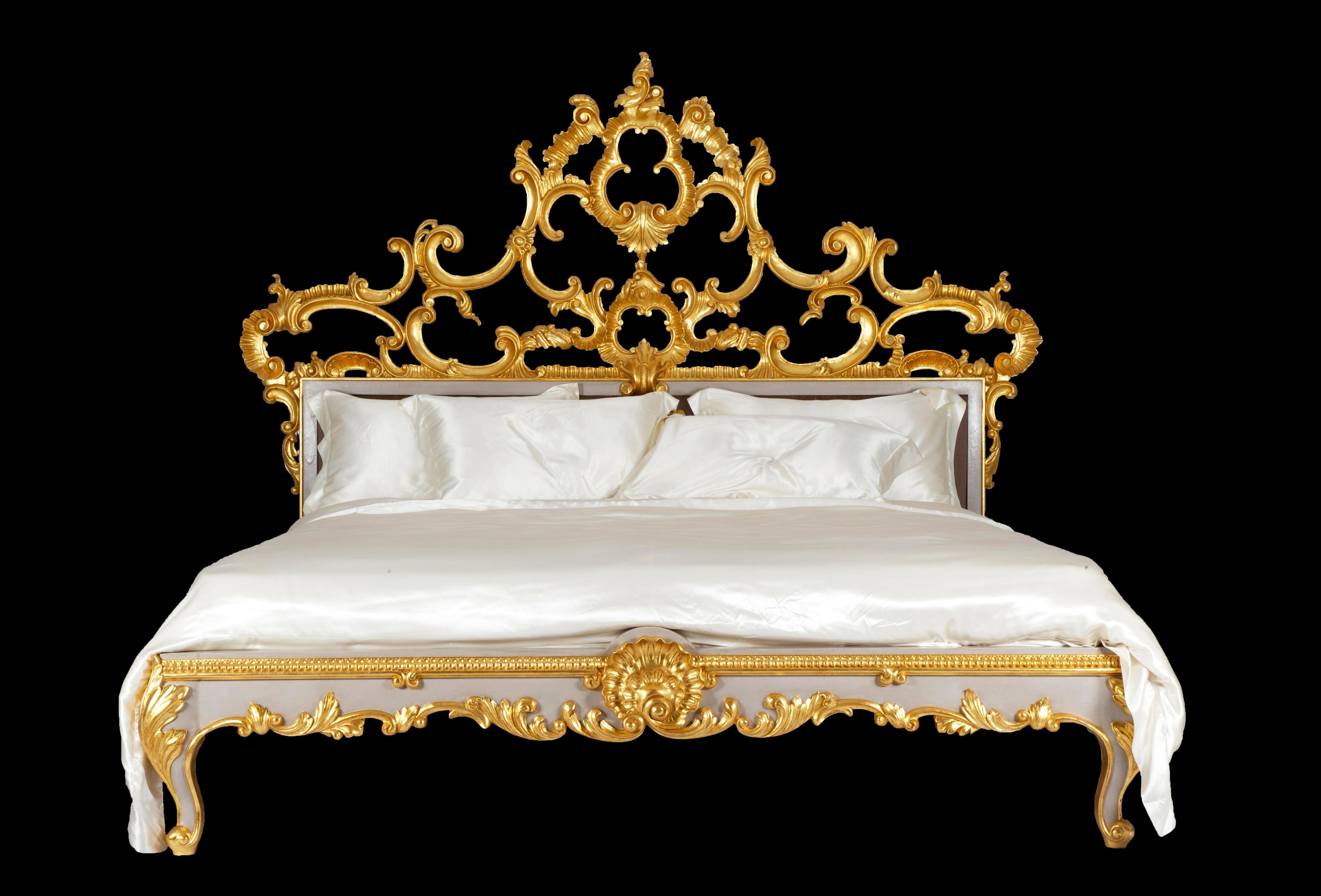 Contemporary Venetian Rococo Style Hand-Carved Gilt Bed by La Maison London - US King Size For Sale
