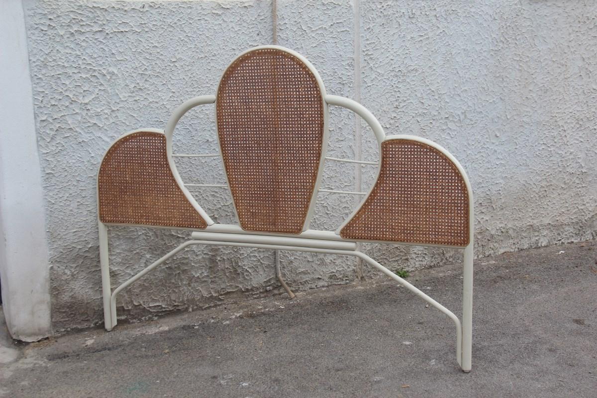 Grande testata di letto in bambù laccato bianco e paglia di Vienna, 1970, italiano In condizioni buone a Palermo, Sicily