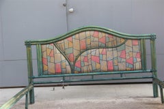 Large Bed Italgiungo Italian Design 1970 Green Blue Rattan Bamboo Geometric
