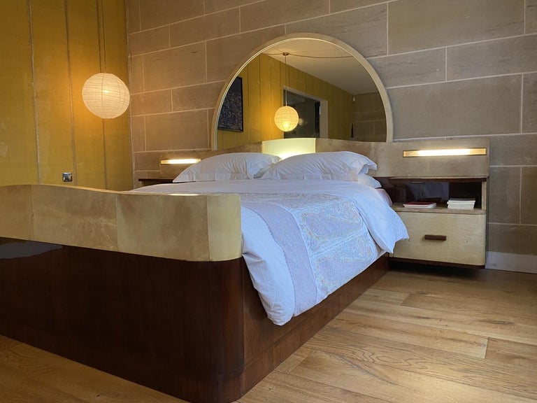 Large Bed with Integrated Bedside Tables in Wood and Parchment, Art