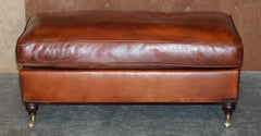 Large Beech Framed Hand Dyed Brown Leather Feather Filled Footstool Ottoman