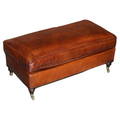 Vintage Large Beech Framed Hand Dyed Brown Leather Feather Filled Footstool Ottoman