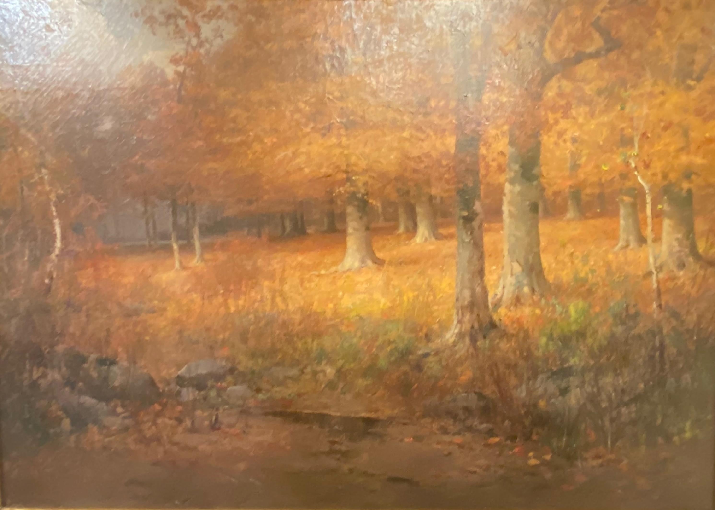 Large beautifully painted early autumnal landscape of beech trees in original museum quality frame.
Oil on canvas, signed John Elwood Bundy, Titled 'Sunlit Hillside' and dated 1910.

John Elwood Bundy (1853 - 1933) was active/lived in Indiana,
