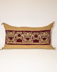 Large Beige Linen Pillow with Burgundy Velvet & Antique Metallic Embroidery