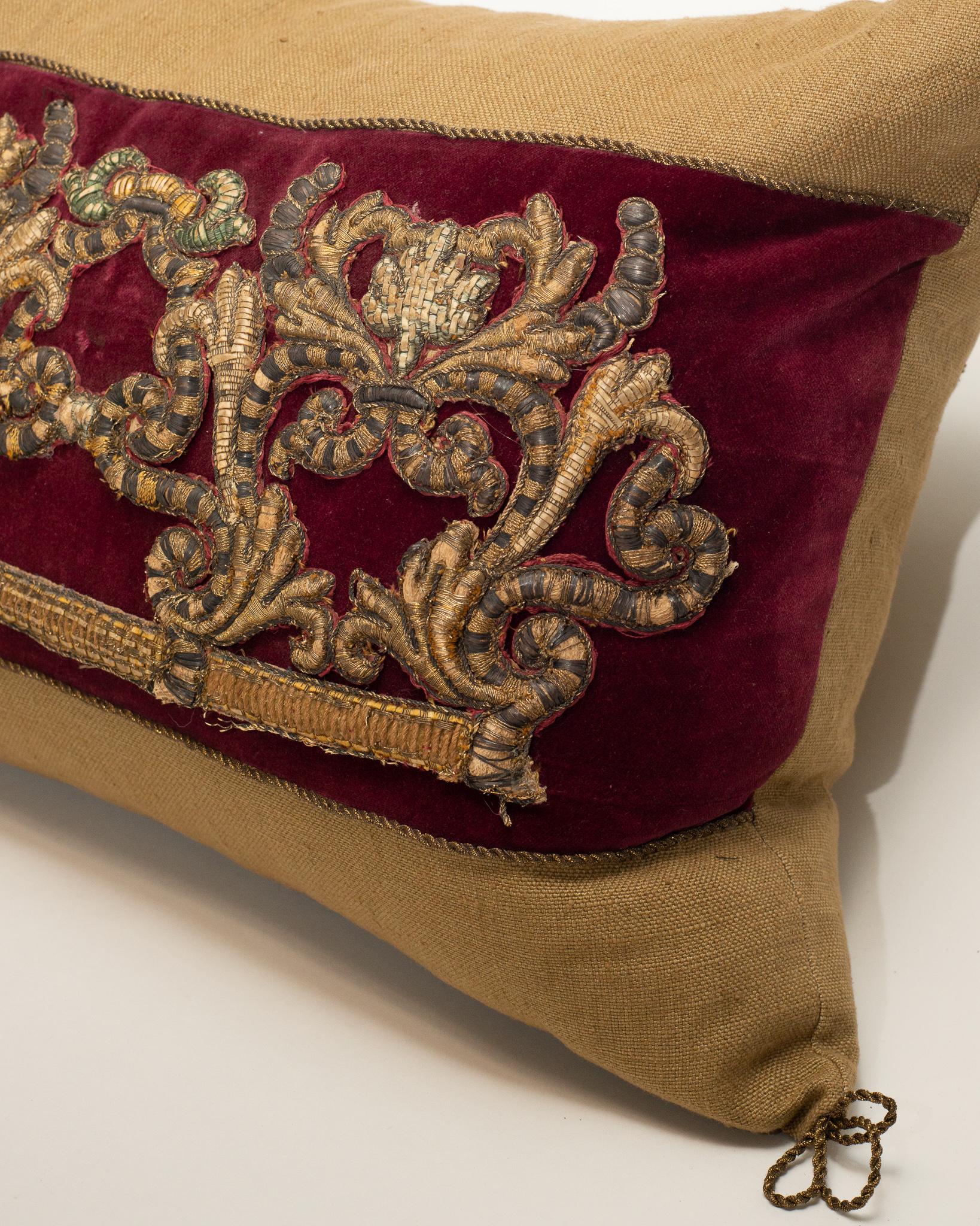 Italian Large Beige Linen Pillow with Burgundy Velvet & Antique Metallic Embroidery For Sale
