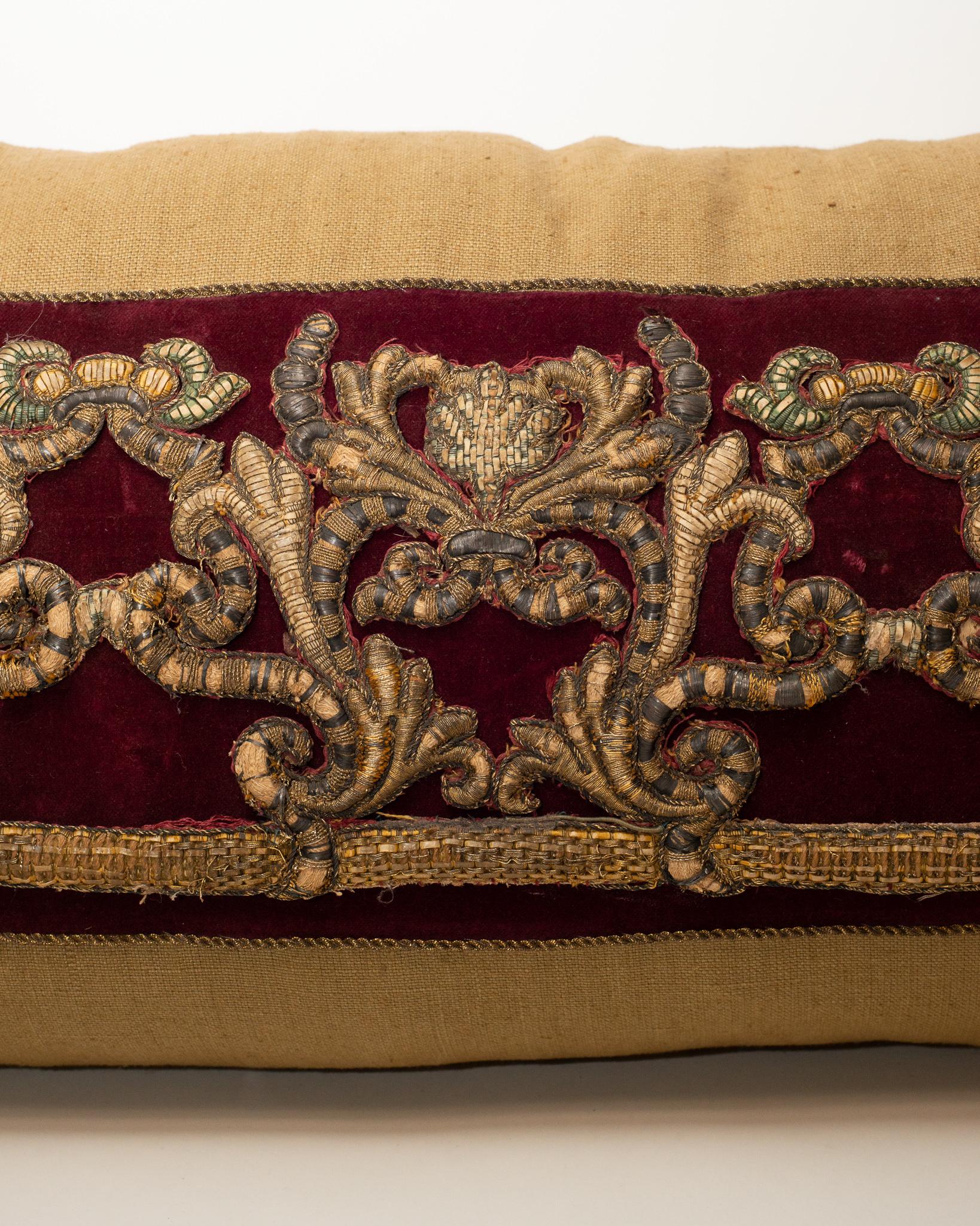 Large Beige Linen Pillow with Burgundy Velvet & Antique Metallic Embroidery In New Condition For Sale In Toronto, ON