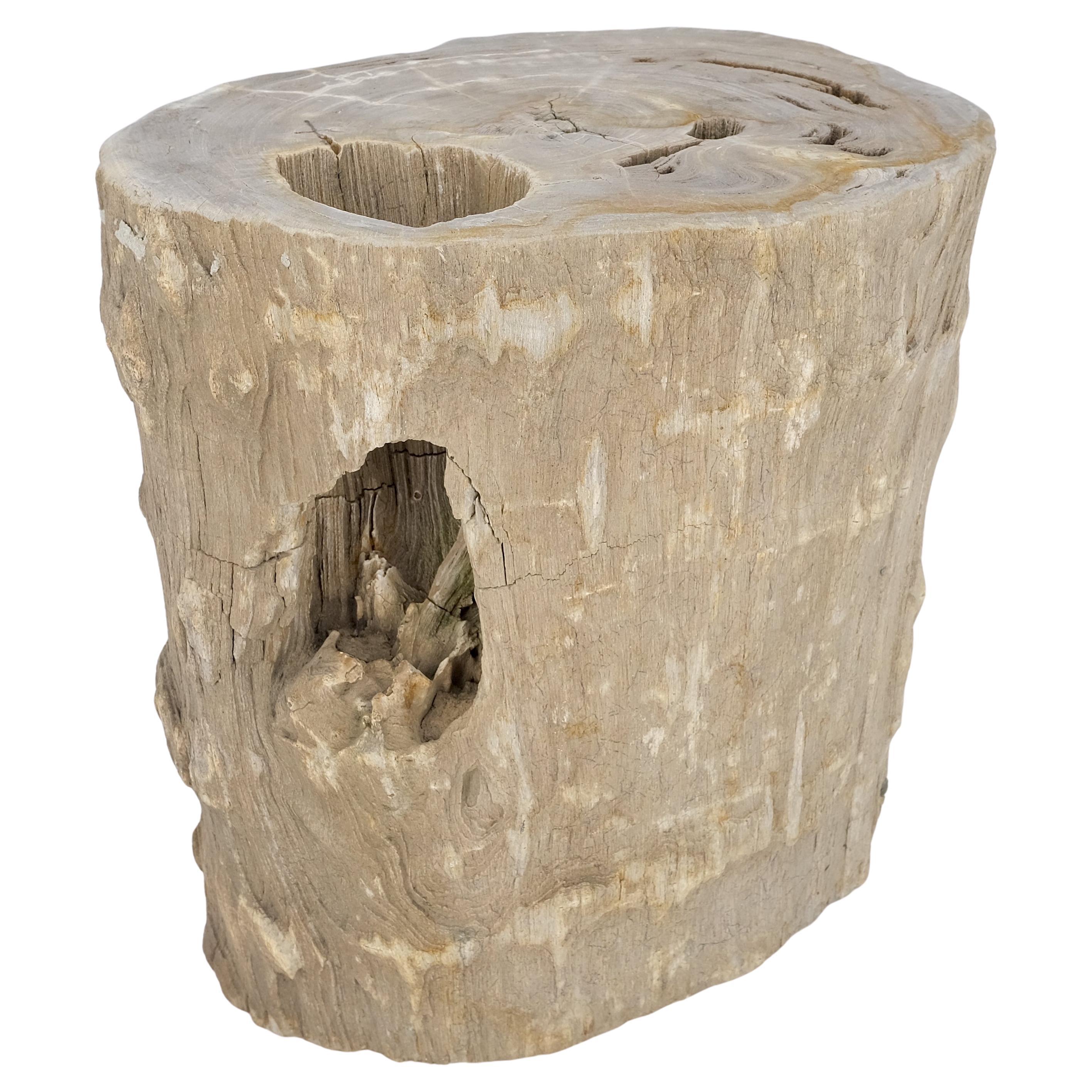 Grande tavolo laterale in legno pietrificato beige a forma di stomp organico, con piedistallo