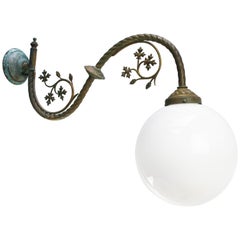 Large Belgian Art Nouveau Brass & White Opaline Glass Wall Light