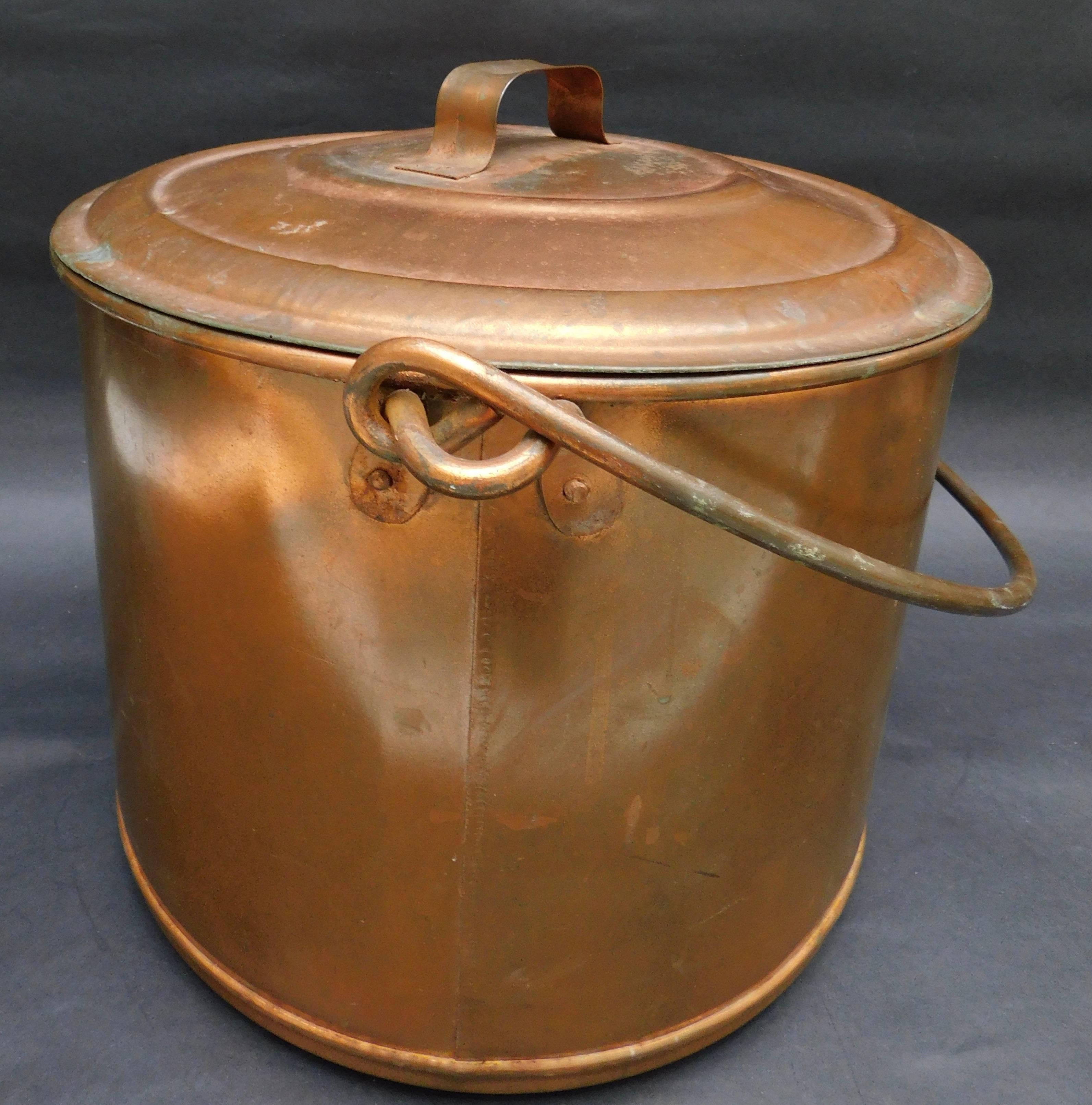 Country Large Belgian Copper Plated Lidded Metal Cauldron/Log Bucket/Petfood Container