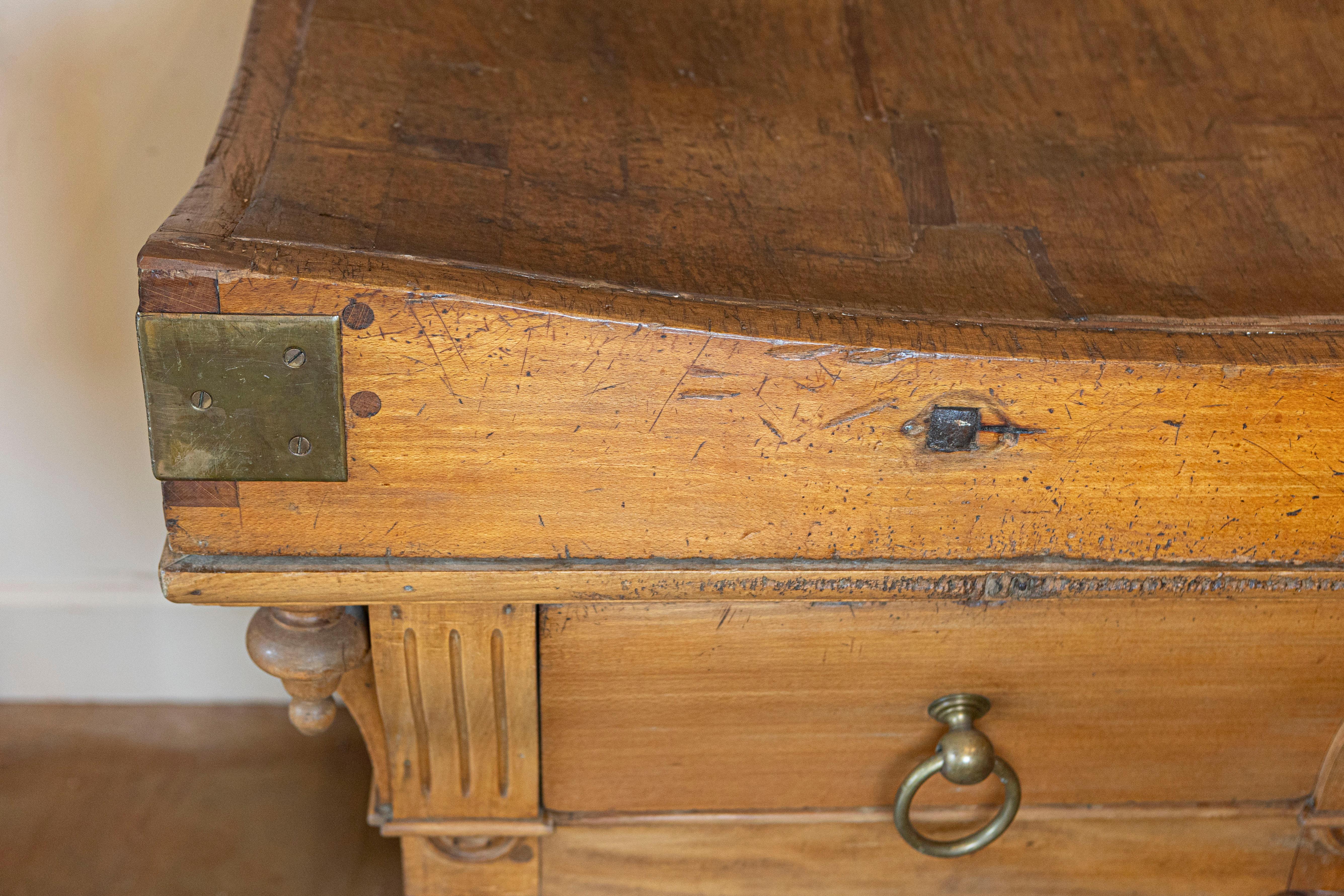 Brass Large Belgian Light Walnut Color Butcher Block with Marker's Plaque, circa 1890