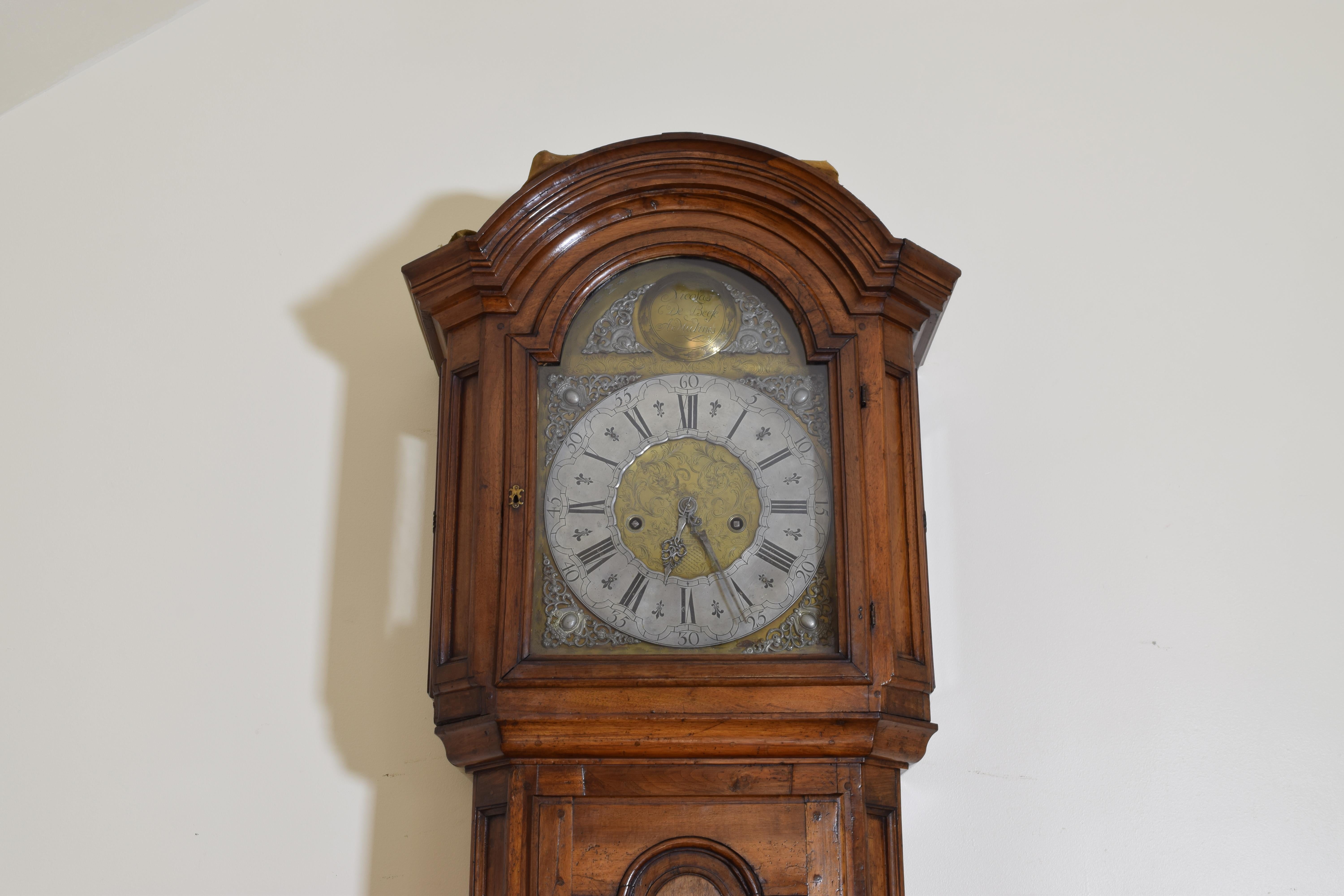 18th Century Large Belgian Louis XIV to Louis XV Period Walnut Case Clock, Nicolas De Beefe
