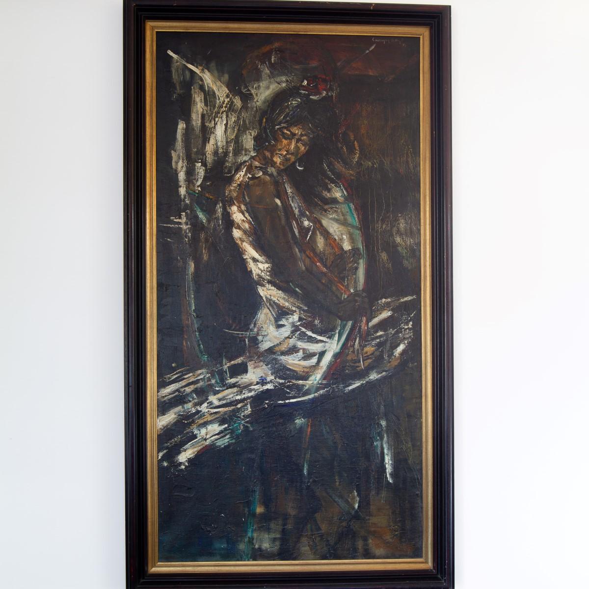 A large oil on canvas painting of the Flamenco dancer, Maria Albaicin, signed by Belgian artist, Roland Cassiman, 1968.

Roland Cassiman (1937-) won first prize in 1968 with this painting which has been written on the back of the canvas - 