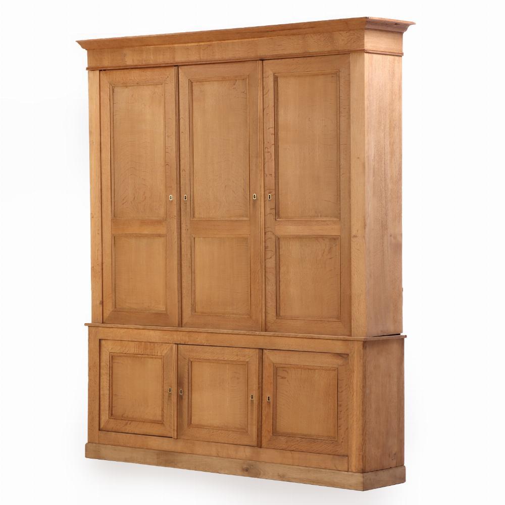 Constructed in two pieces, this cabinet / cupboard has room for everything! Use it for clothing, linens, kitchen storage, pantry - you name it! The top section has 3 paneled long doors revealing 6 adjustable shelves while the lower section has 3