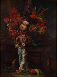 Large Belgian School Oil on Canvas Still Life of Flowers Signed, 1968