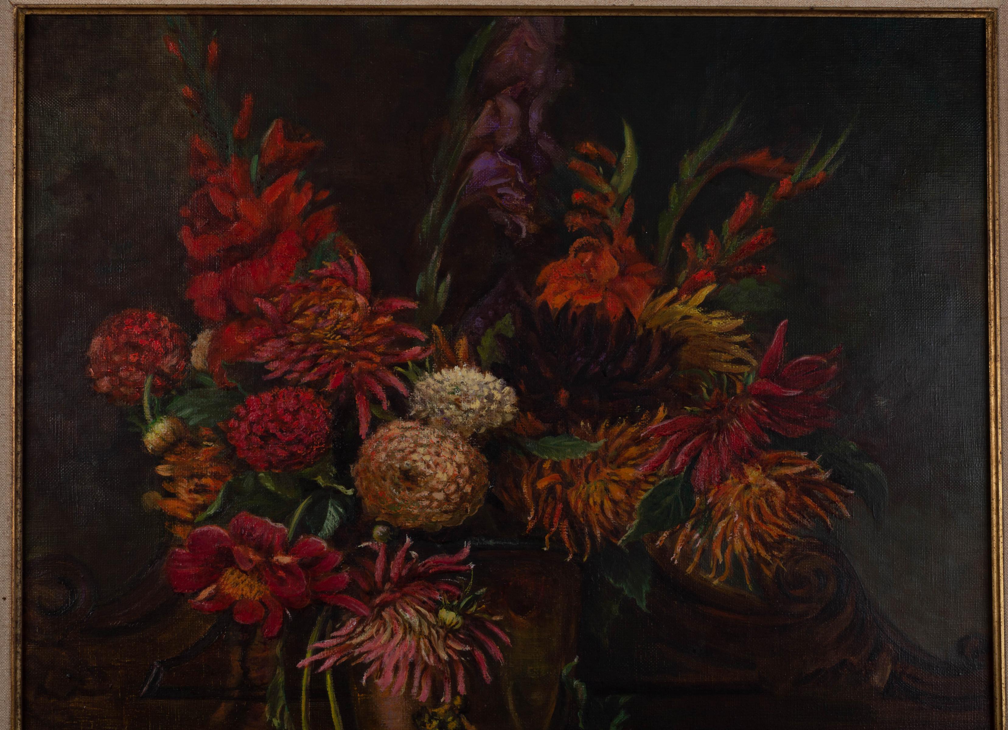 20th Century Large Belgian School Oil on Canvas Still Life of Flowers Signed, 1968 For Sale