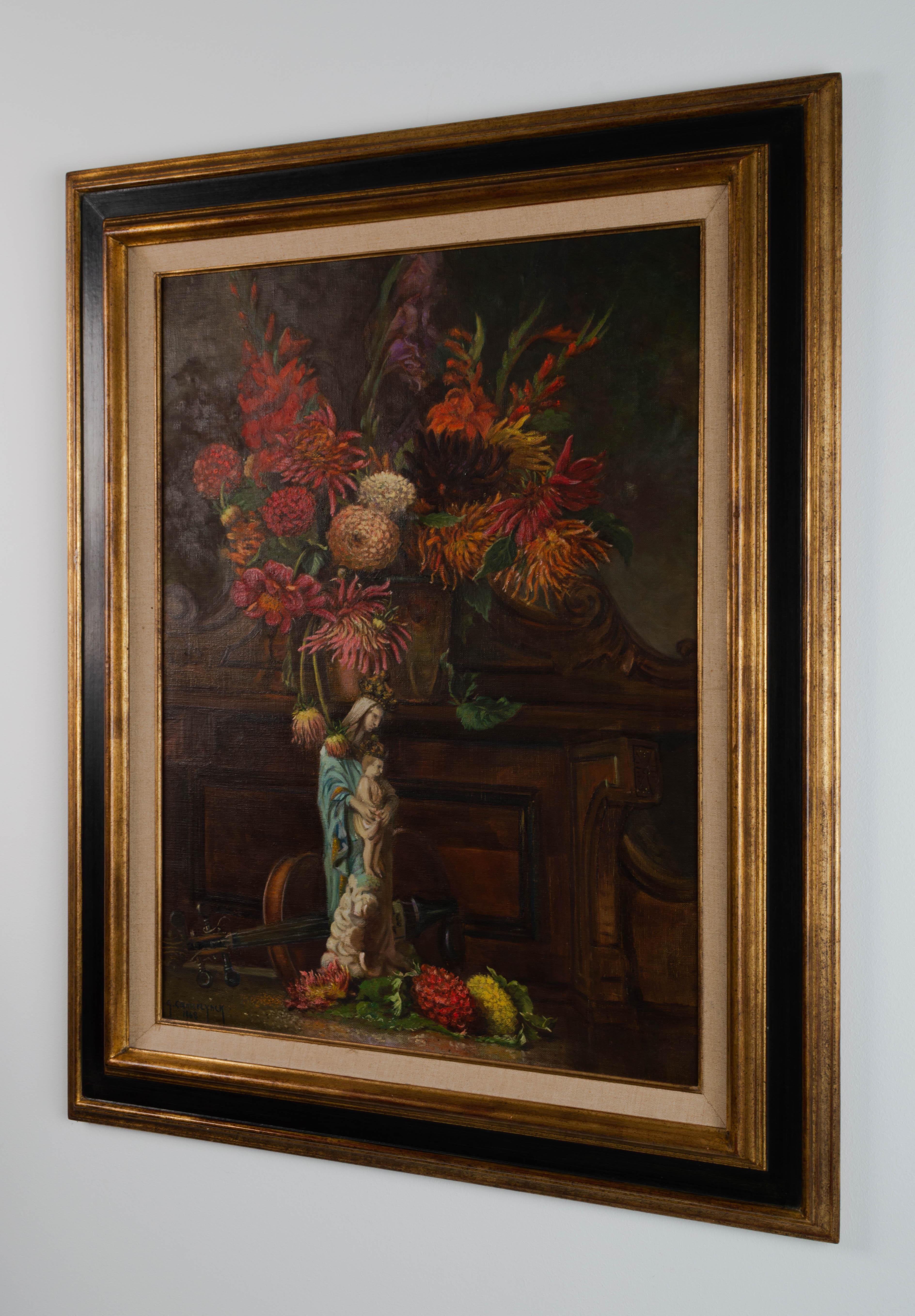 Large Belgian School Oil on Canvas Still Life of Flowers Signed, 1968 For Sale 1