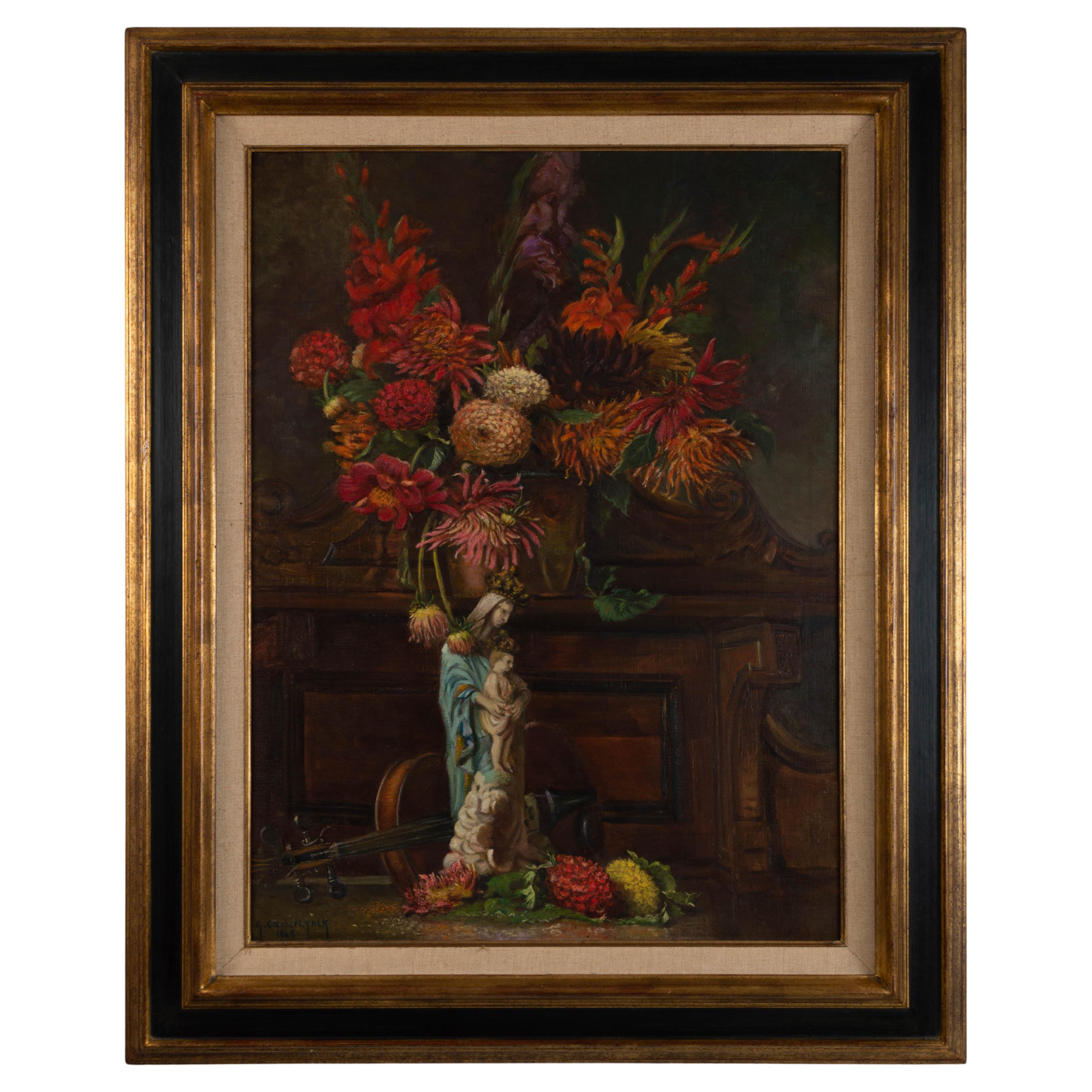Large Belgian School Oil on Canvas Still Life of Flowers Signed, 1968 For Sale
