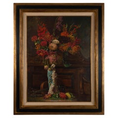 Large Belgian School Oil on Canvas Still Life of Flowers Signed, 1968