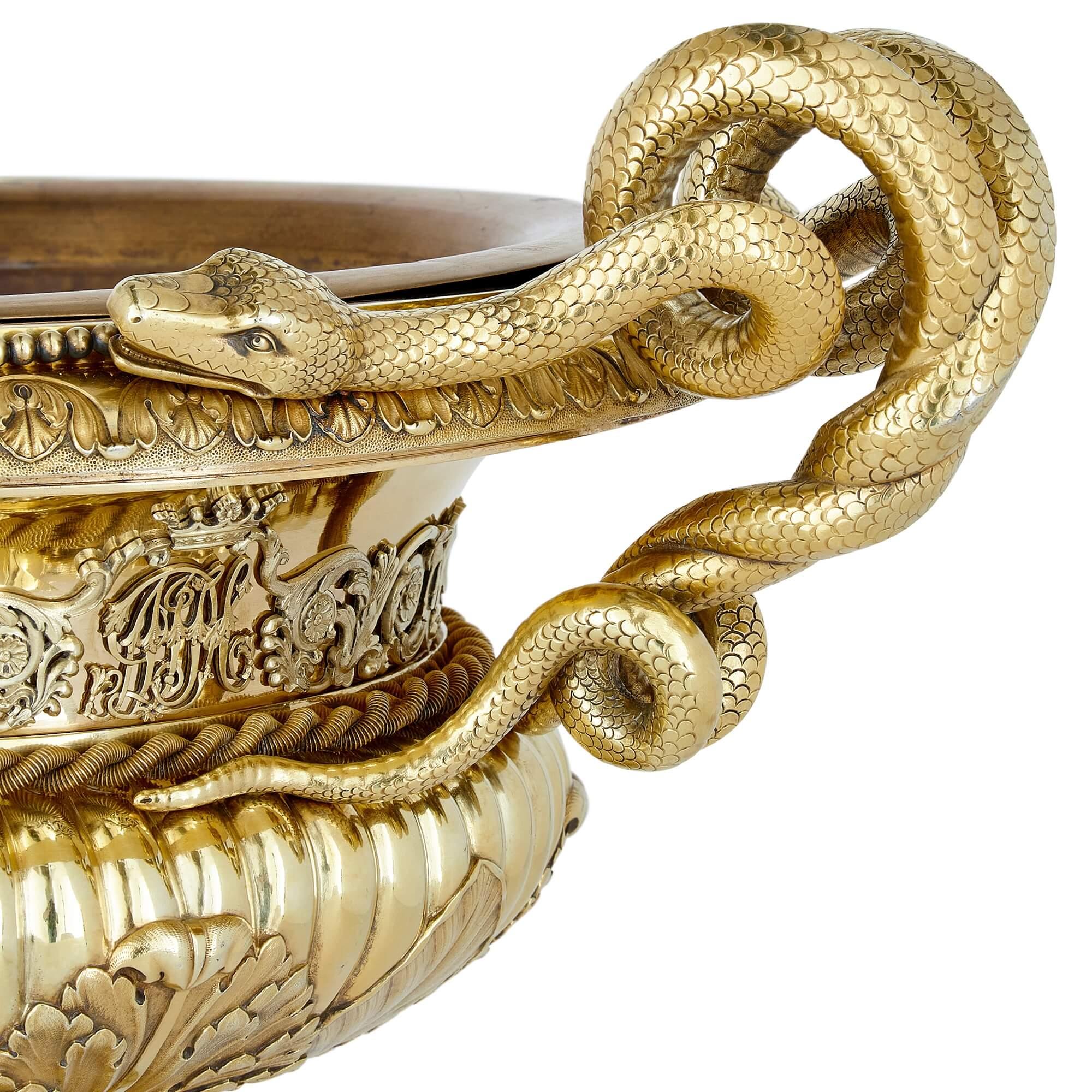 French Large Belgian Silver Gilt Vase, 19th Century For Sale