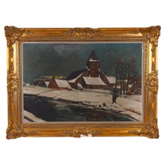 Large Belgian Winterscape Church Oil Painting Early 20thC