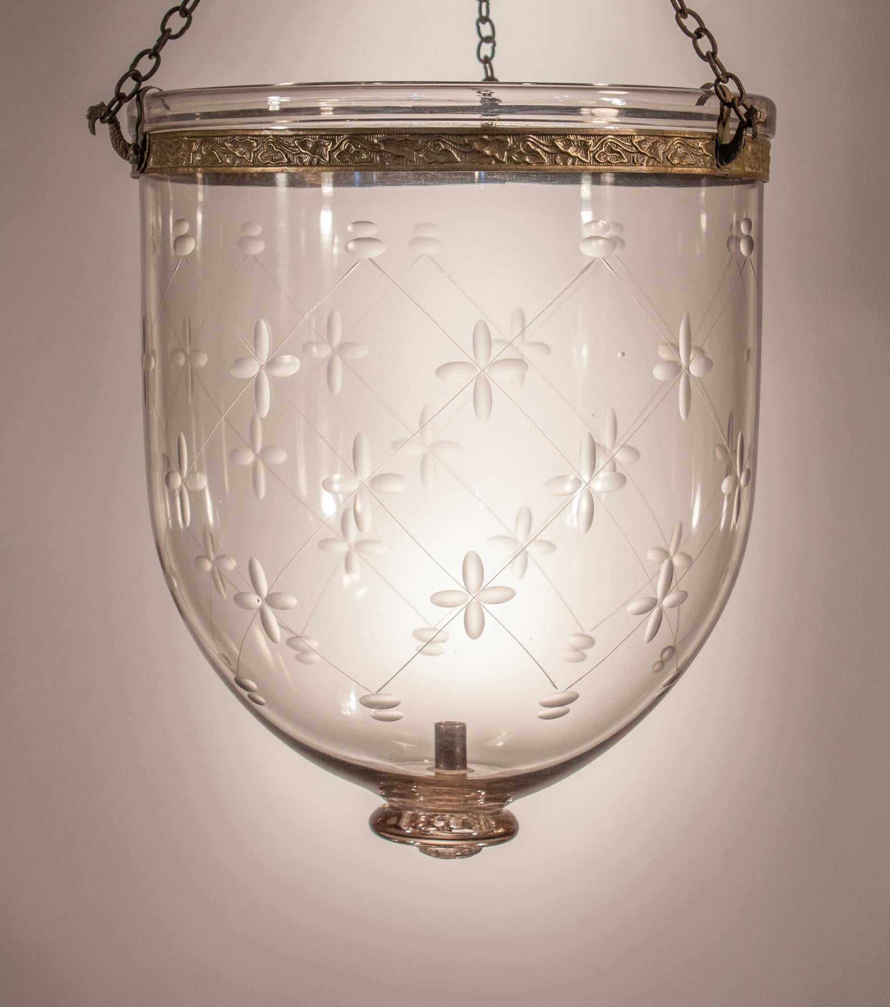 19th Century Antique Bell Jar Lantern with Trellis Etching