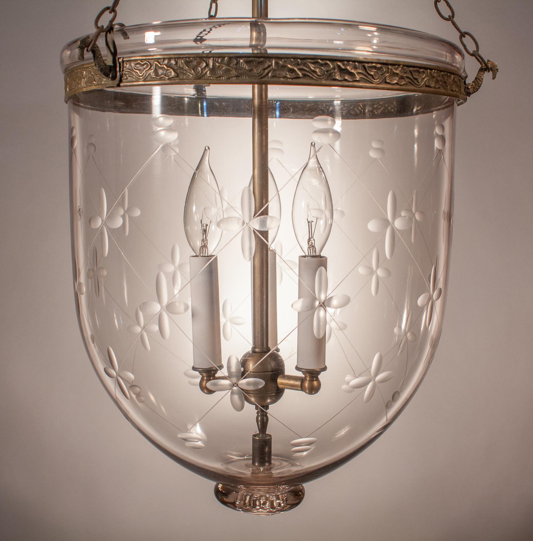 High Victorian Antique Bell Jar Lantern with Trellis Etching