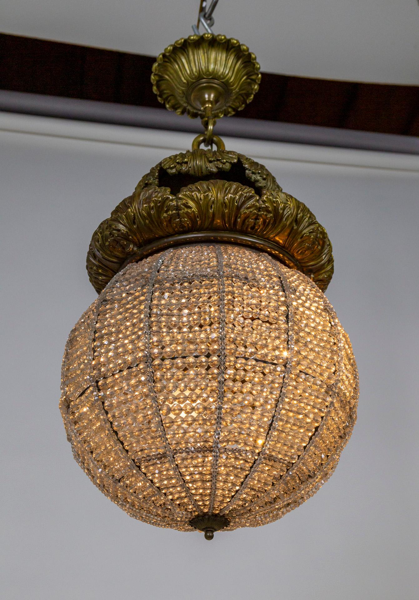 Large Belle Epoque Beaded Crystal Sphere Light Fixture w/ Bronze Foliate For Sale 4