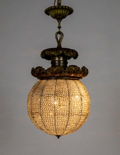 Large Belle Epoque Beaded Crystal Sphere Light Fixture w/ Bronze Foliate