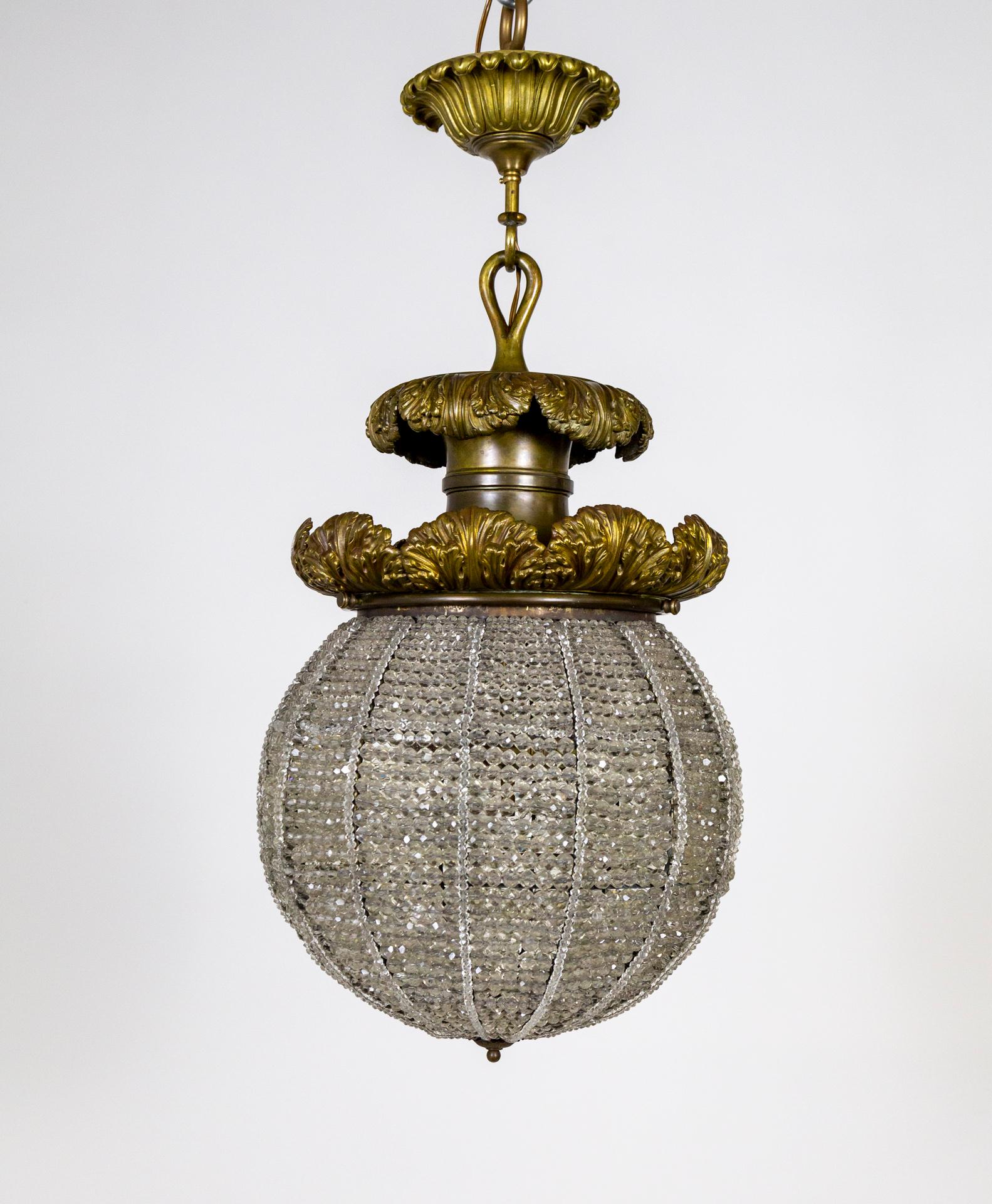20th Century Large Belle Epoque Beaded Crystal Sphere Light Fixture w/ Bronze Foliate