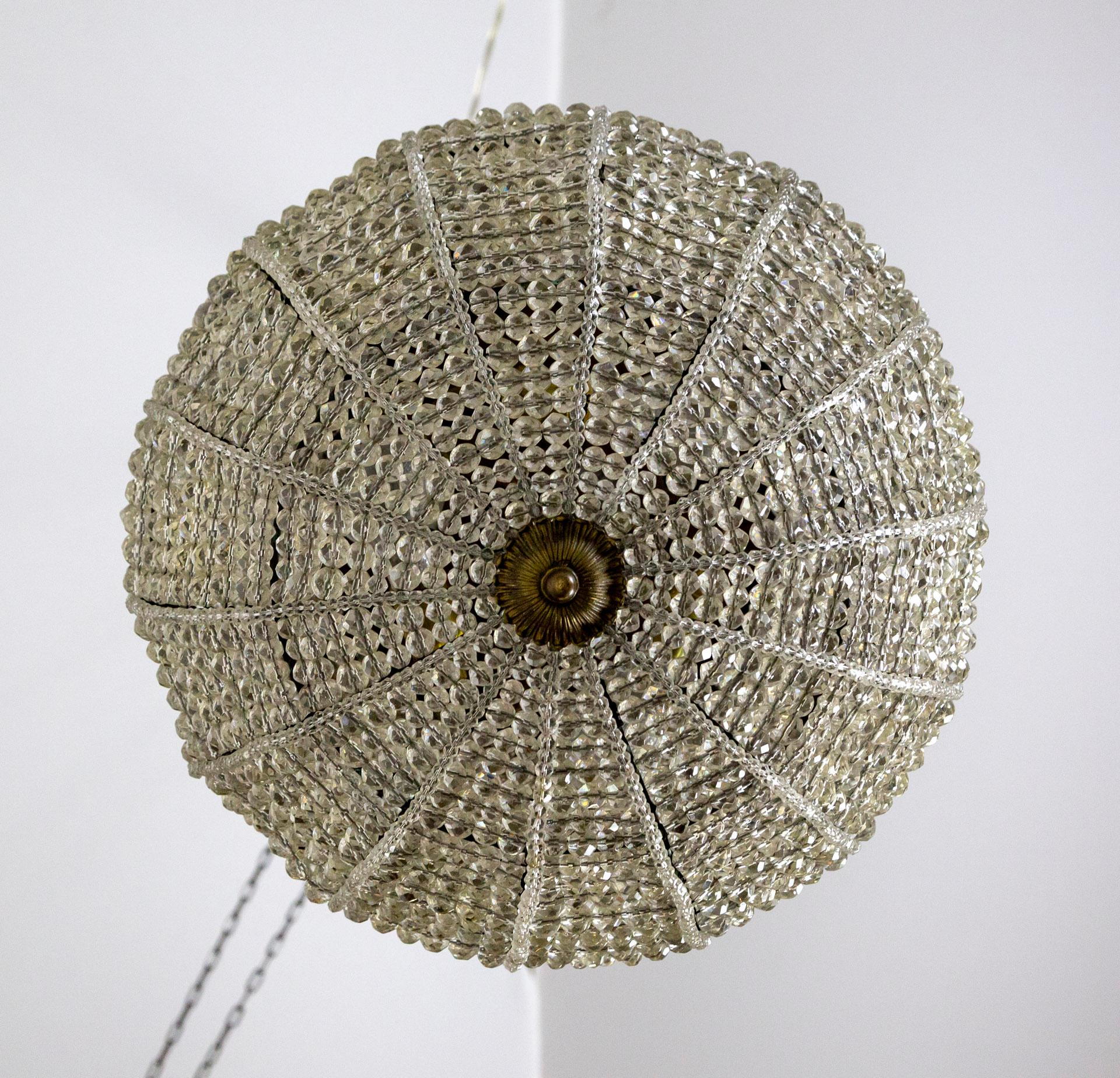 Metal Large Belle Epoque Beaded Crystal Sphere Light Fixture w/ Bronze Foliate For Sale