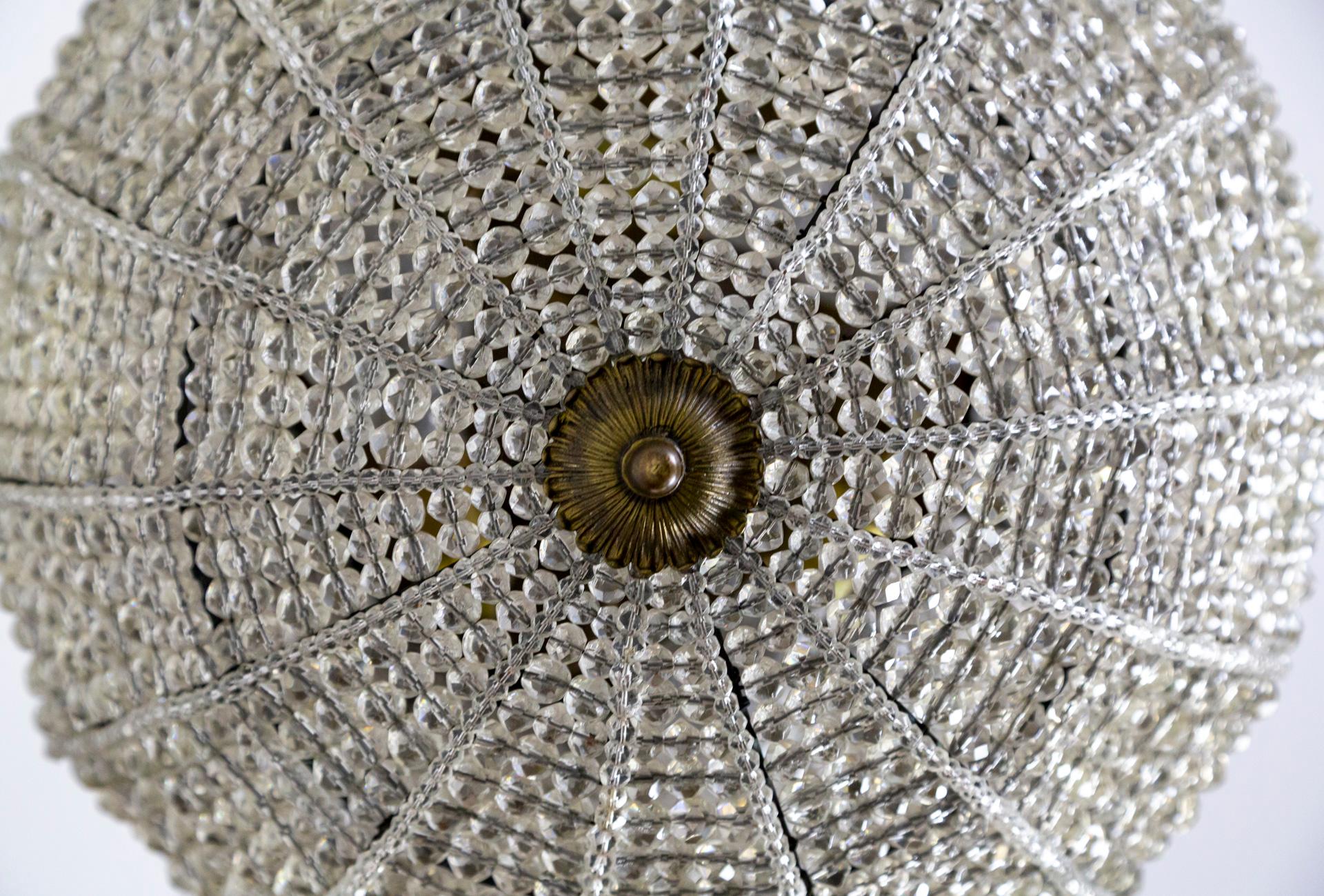Large Belle Epoque Beaded Crystal Sphere Light Fixture w/ Bronze Foliate 1